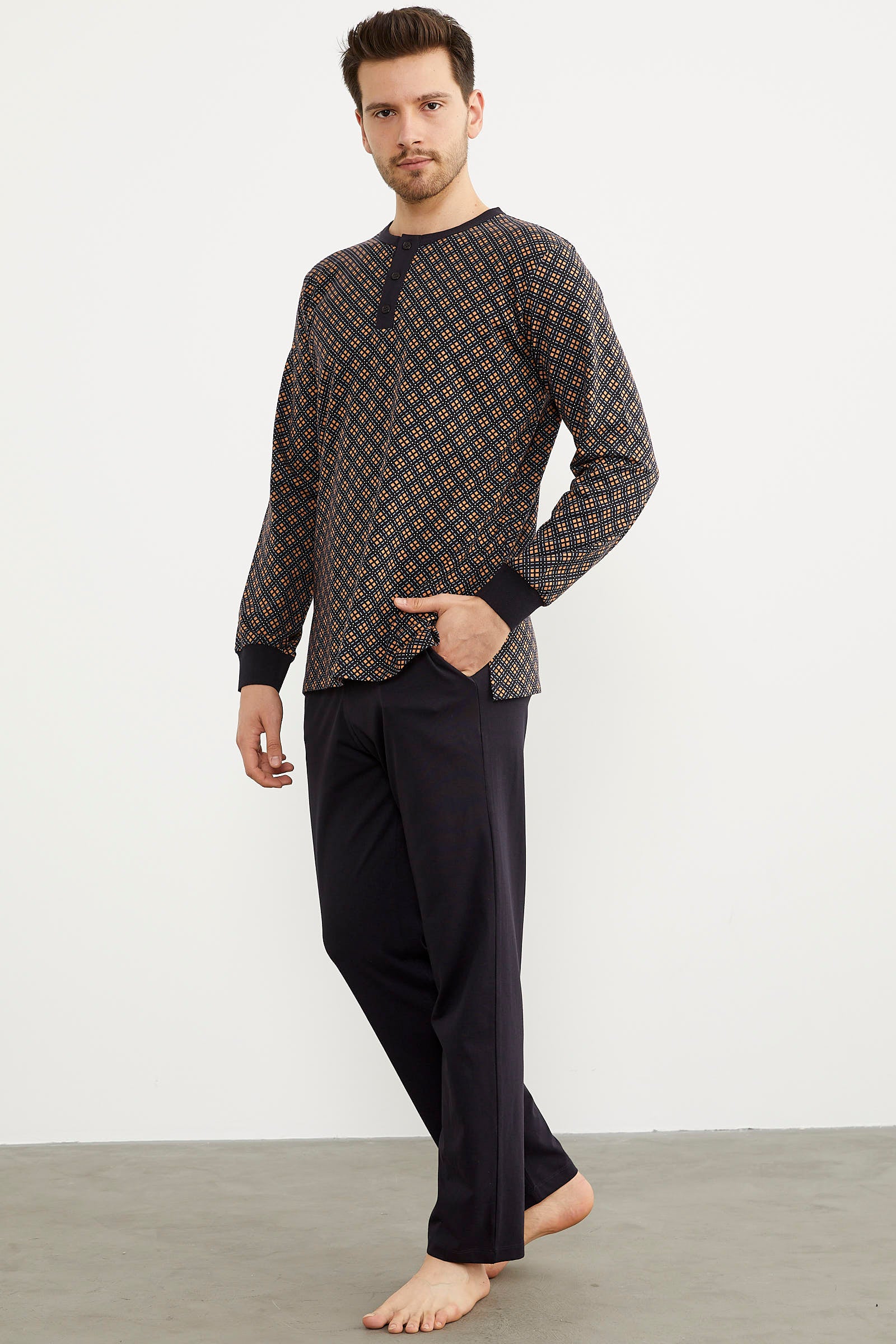 Desenli Düğmeli Yaka Pijama Takım - Siyah (2) Sementa