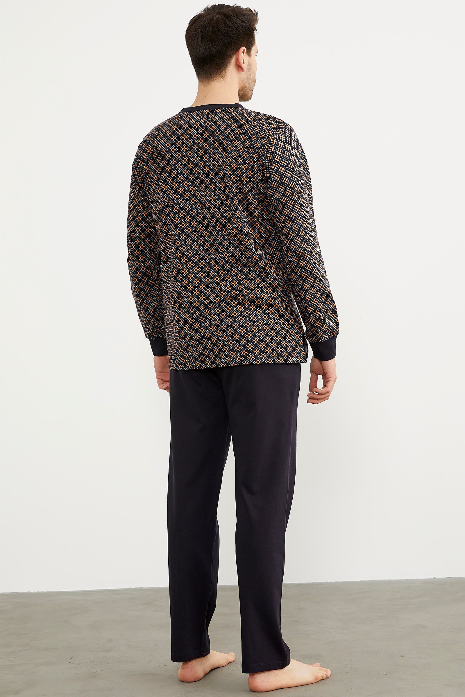 Desenli Düğmeli Yaka Pijama Takım - Siyah (5) Sementa