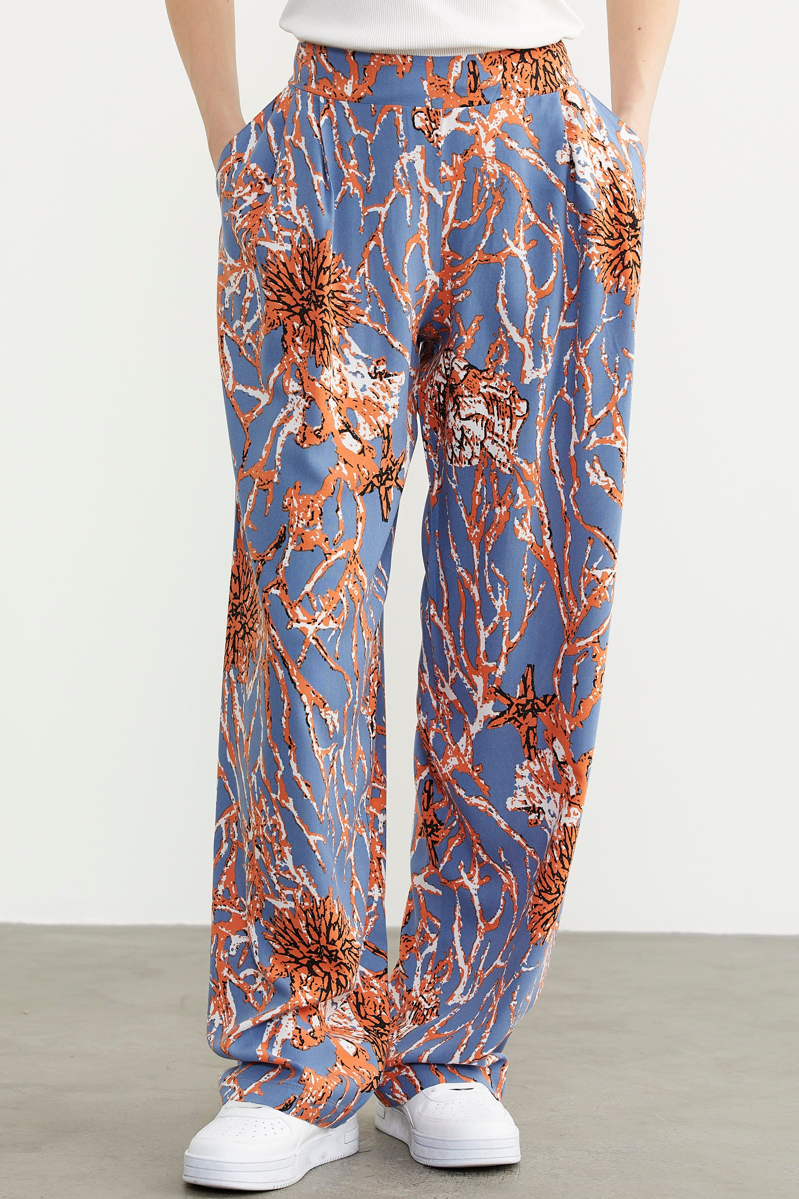 Desenli Geniş Kalıp Viskon Pantolon - Turuncu (3) Sementa