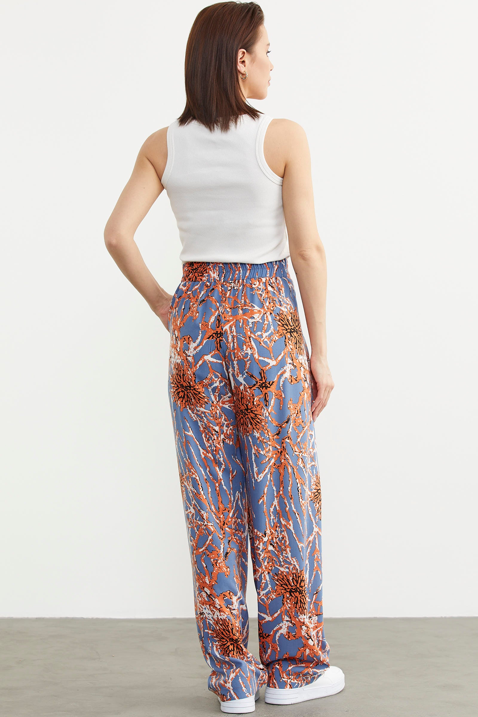 Desenli Geniş Kalıp Viskon Pantolon - Turuncu (5) Sementa