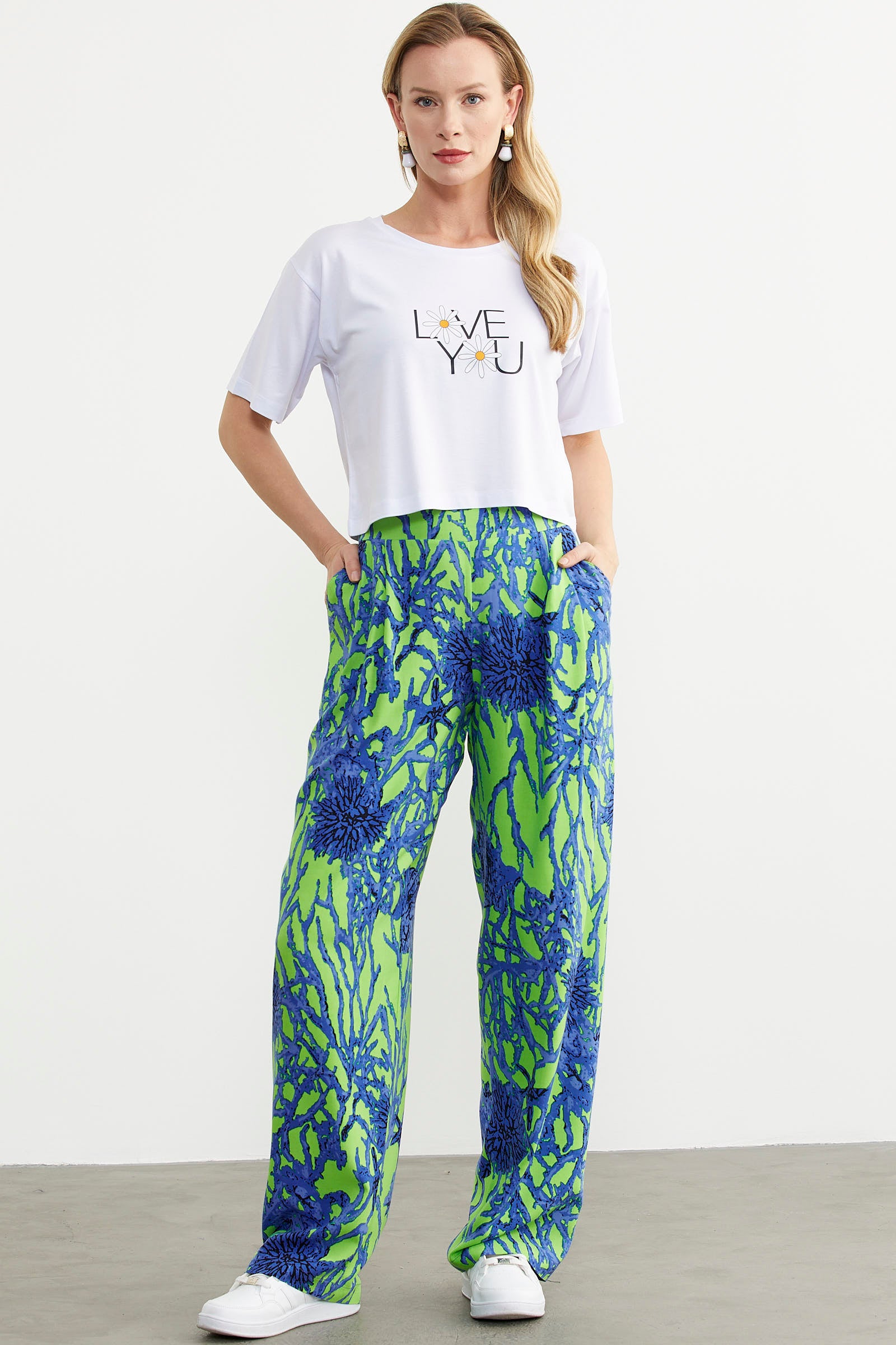 Desenli Geniş Kalıp Viskon Pantolon - Yeşil (1) Sementa