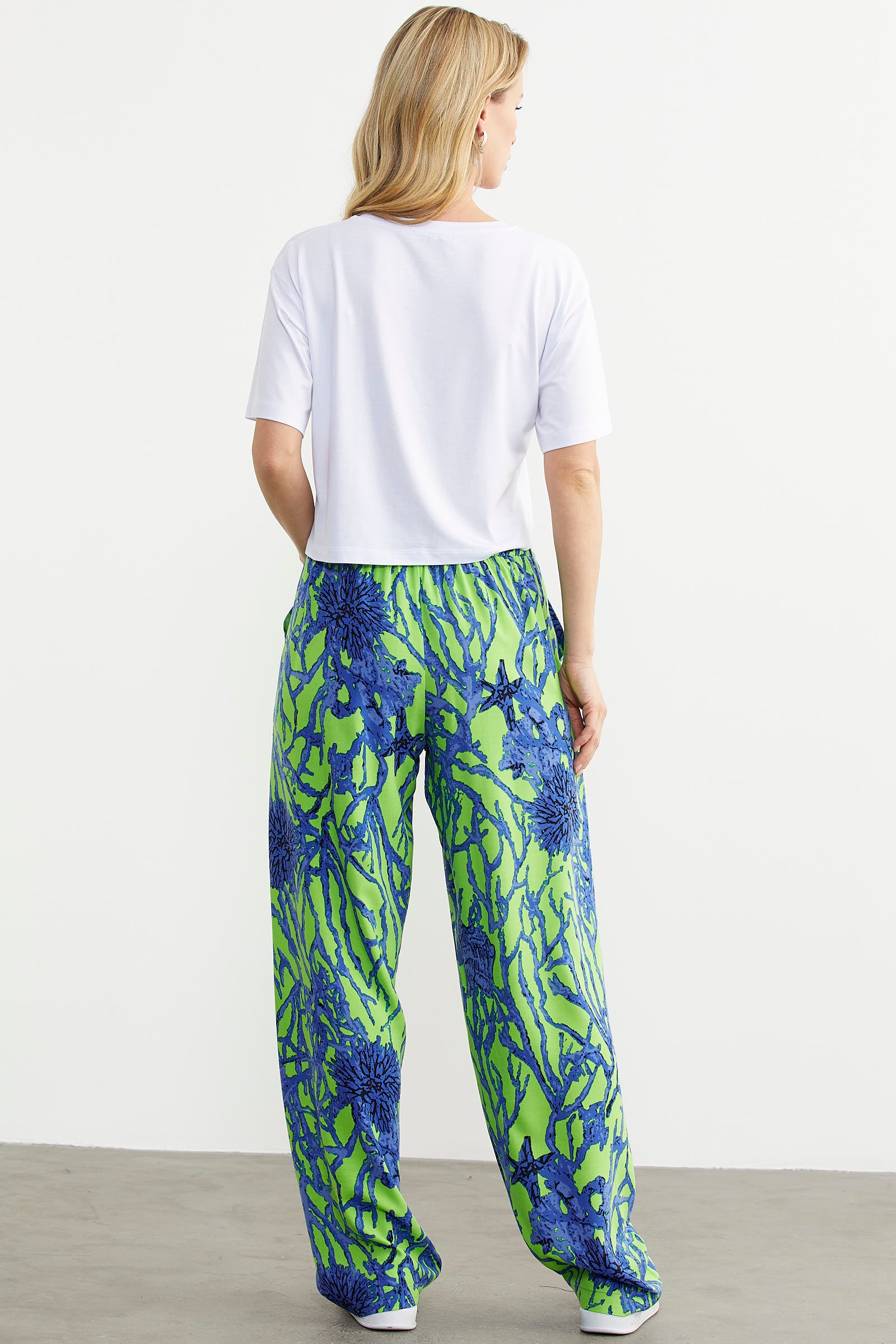 Desenli Geniş Kalıp Viskon Pantolon - Yeşil (4) Sementa