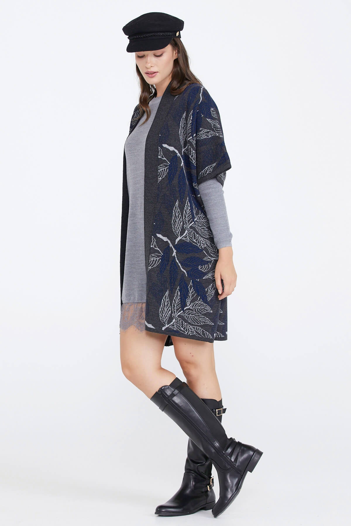 Desenli Kadın Triko Ceket - Antrasit (3) Sementa