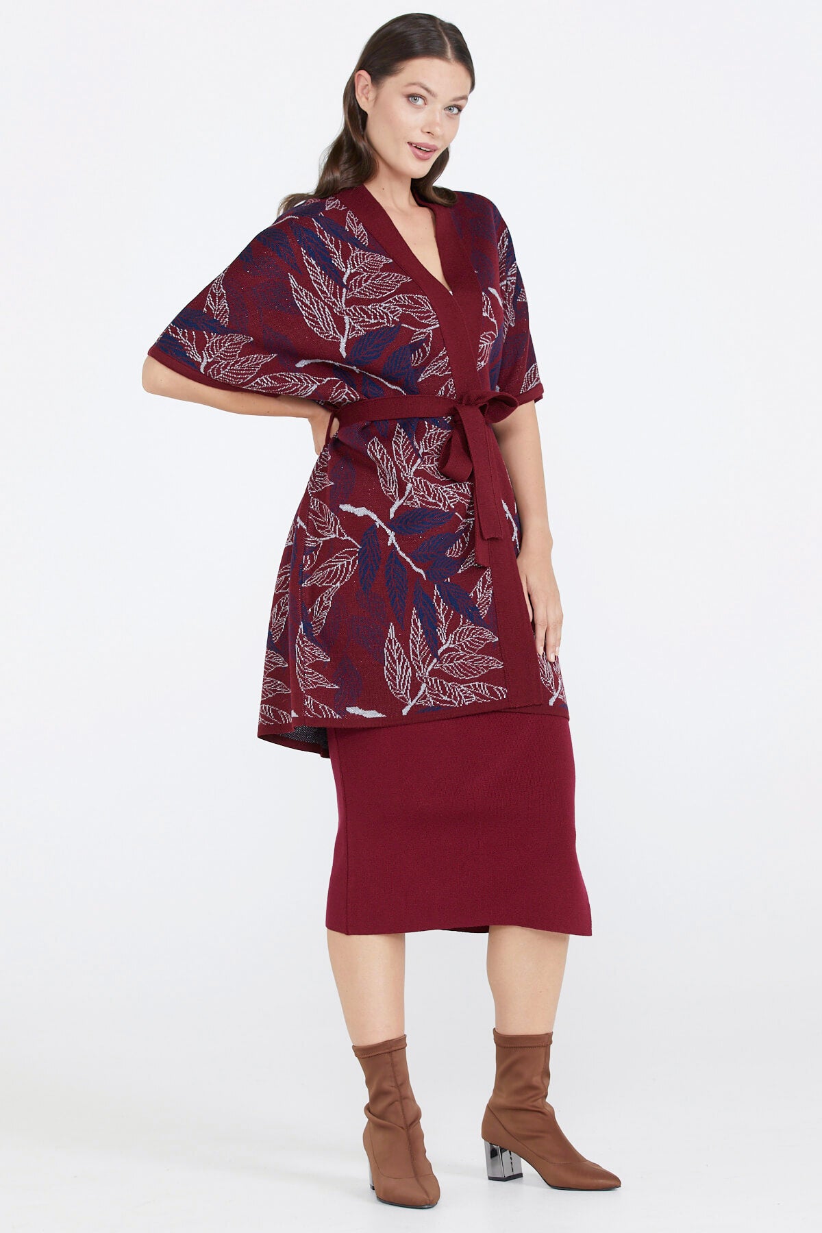 Desenli Kadın Triko Ceket - Bordo (3) Sementa