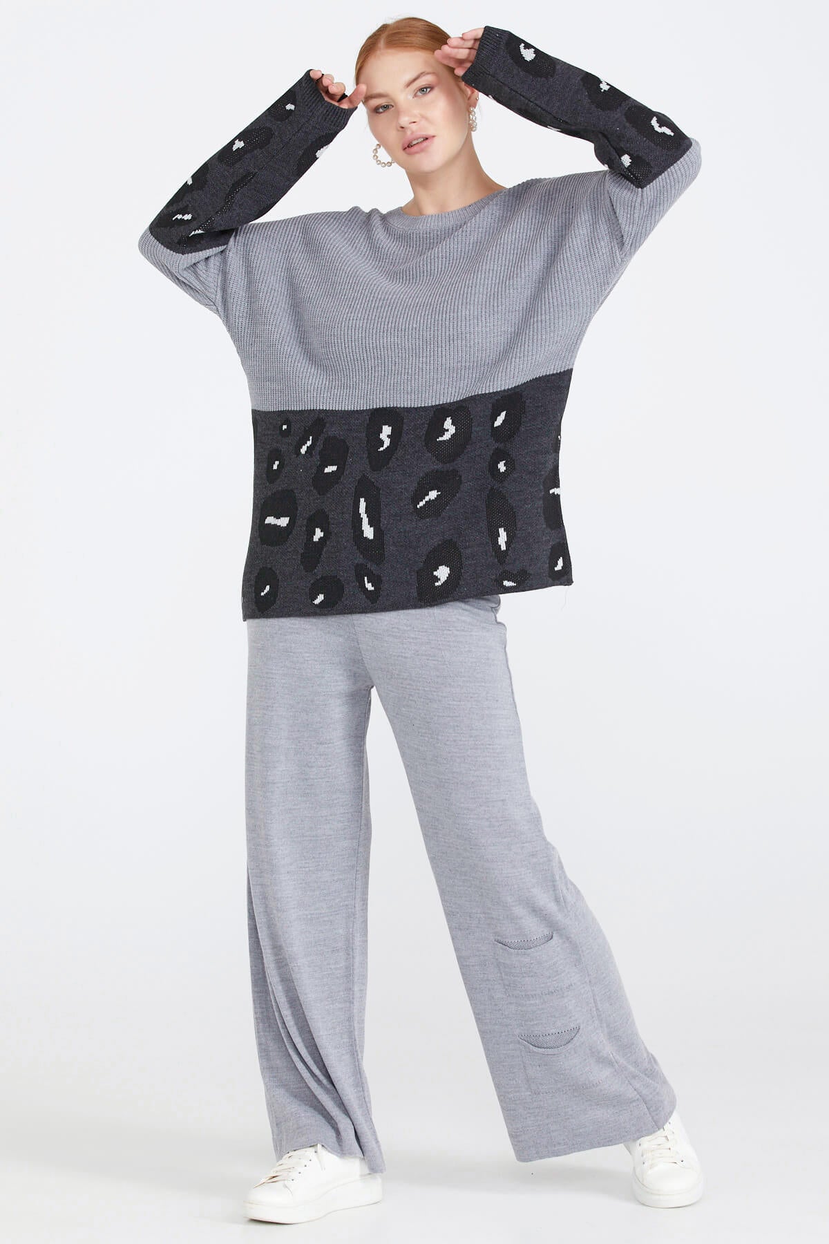 Desenli Kadın Triko Kazak - Gri (3) Sementa