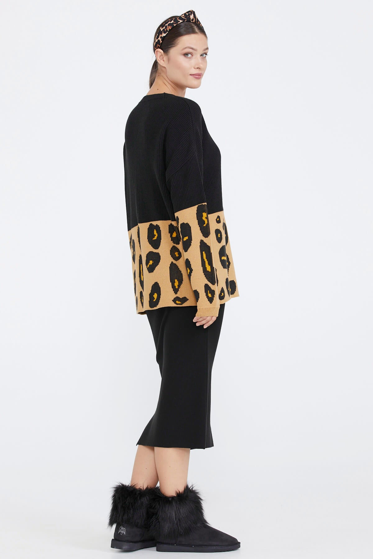 Desenli Kadın Triko Kazak - Siyah (4) Sementa