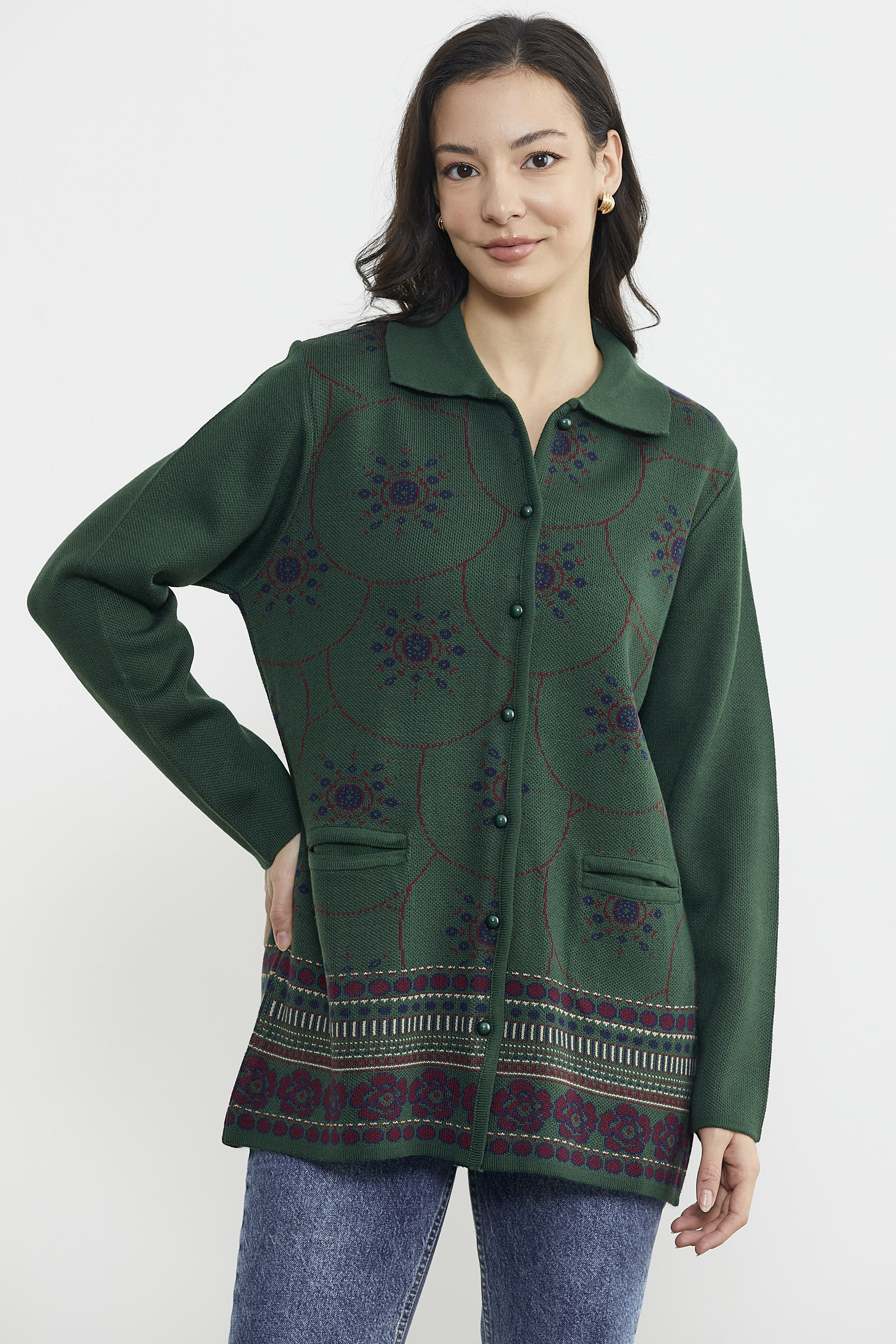 Desenli Kalın Triko Ceket - Yeşil (2) Sementa