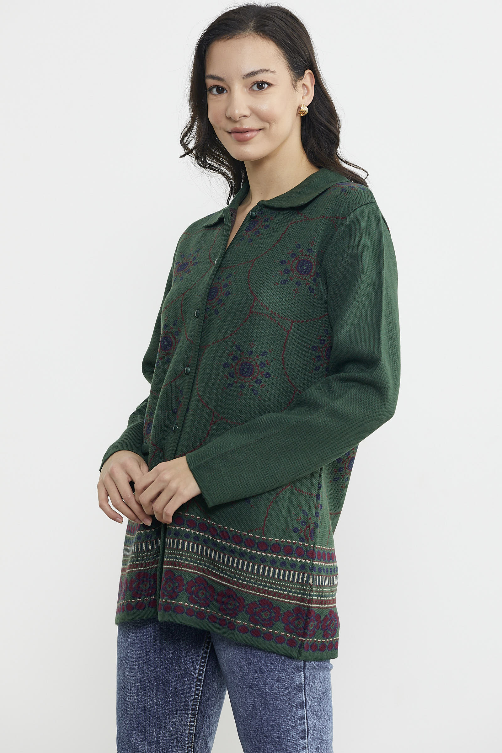 Desenli Kalın Triko Ceket - Yeşil (3) Sementa