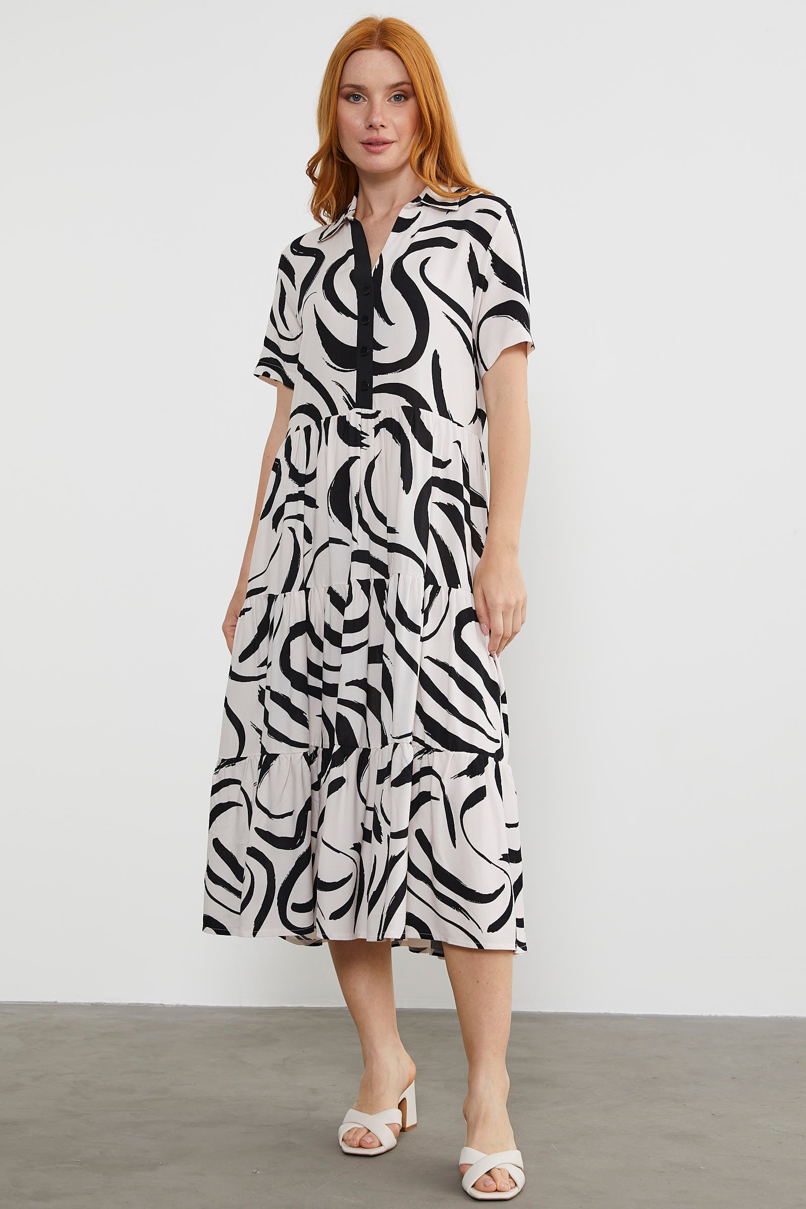 Desenli Kısa Kol Gömlek Elbise - Ekru (1) Sementa