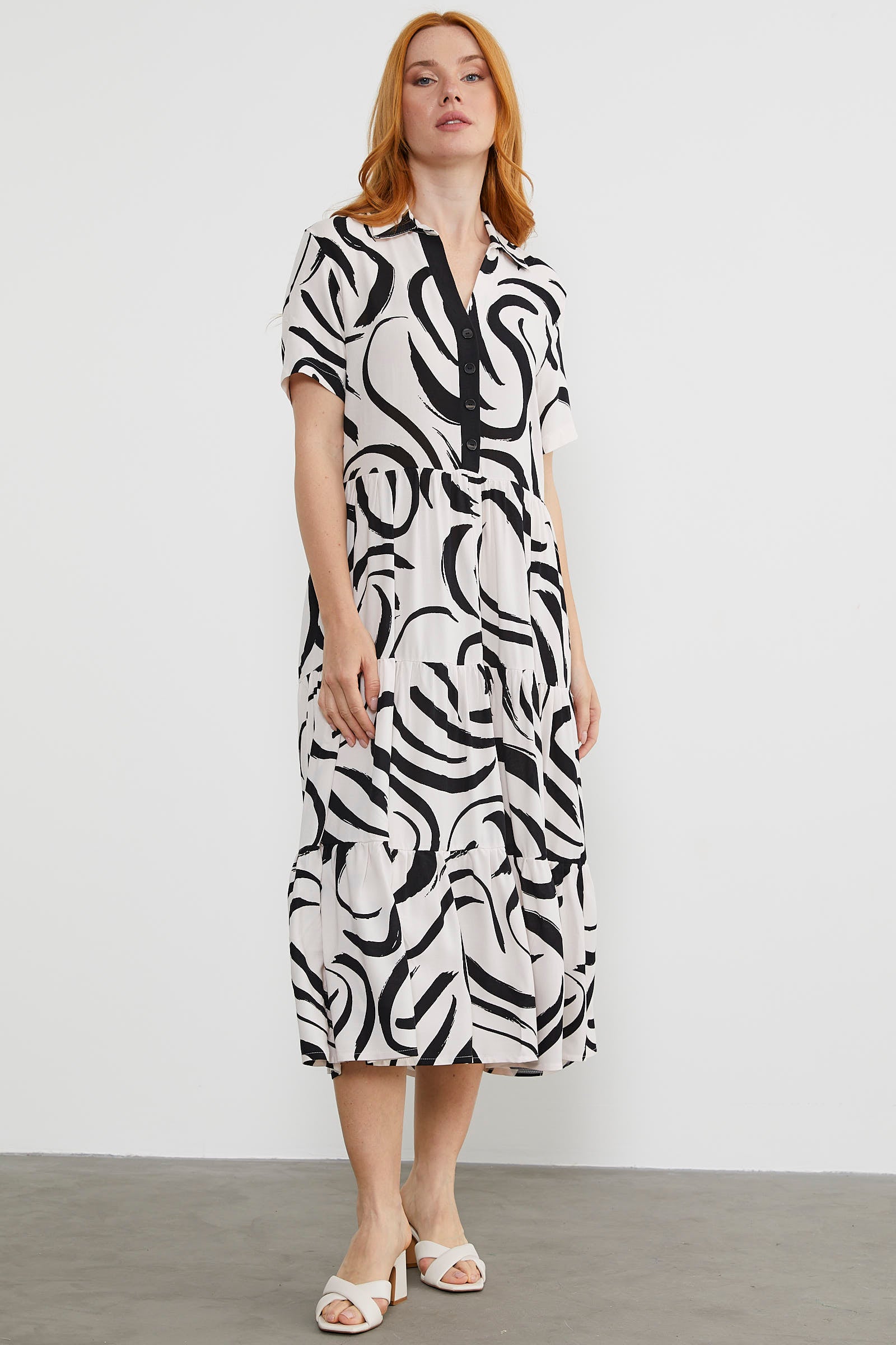 Desenli Kısa Kol Gömlek Elbise - Ekru (2) Sementa