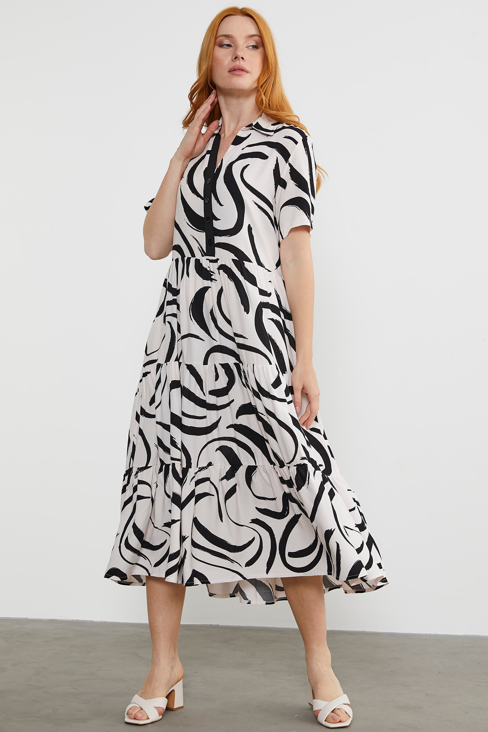 Desenli Kısa Kol Gömlek Elbise - Ekru (3) Sementa