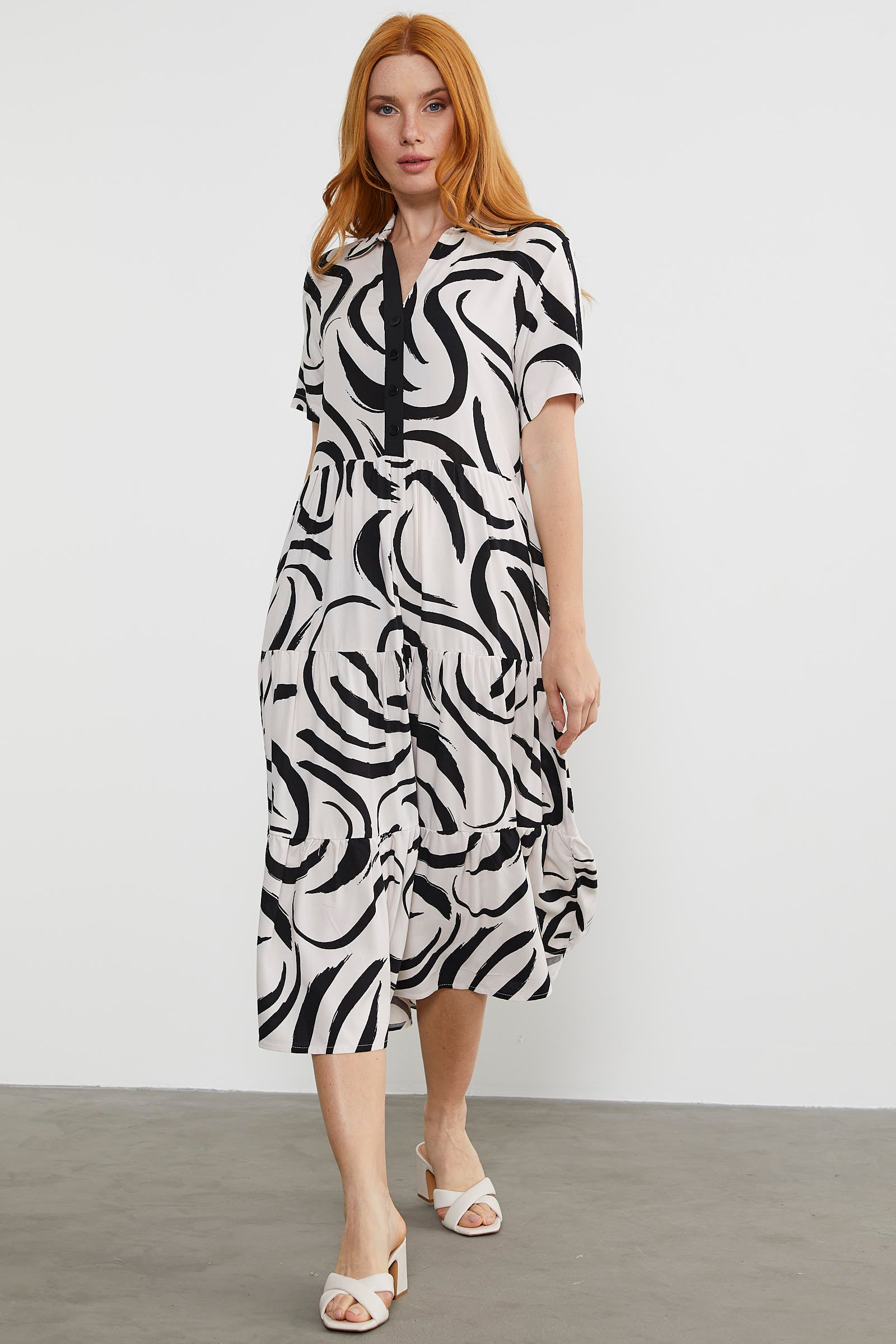 Desenli Kısa Kol Gömlek Elbise - Ekru (4) Sementa