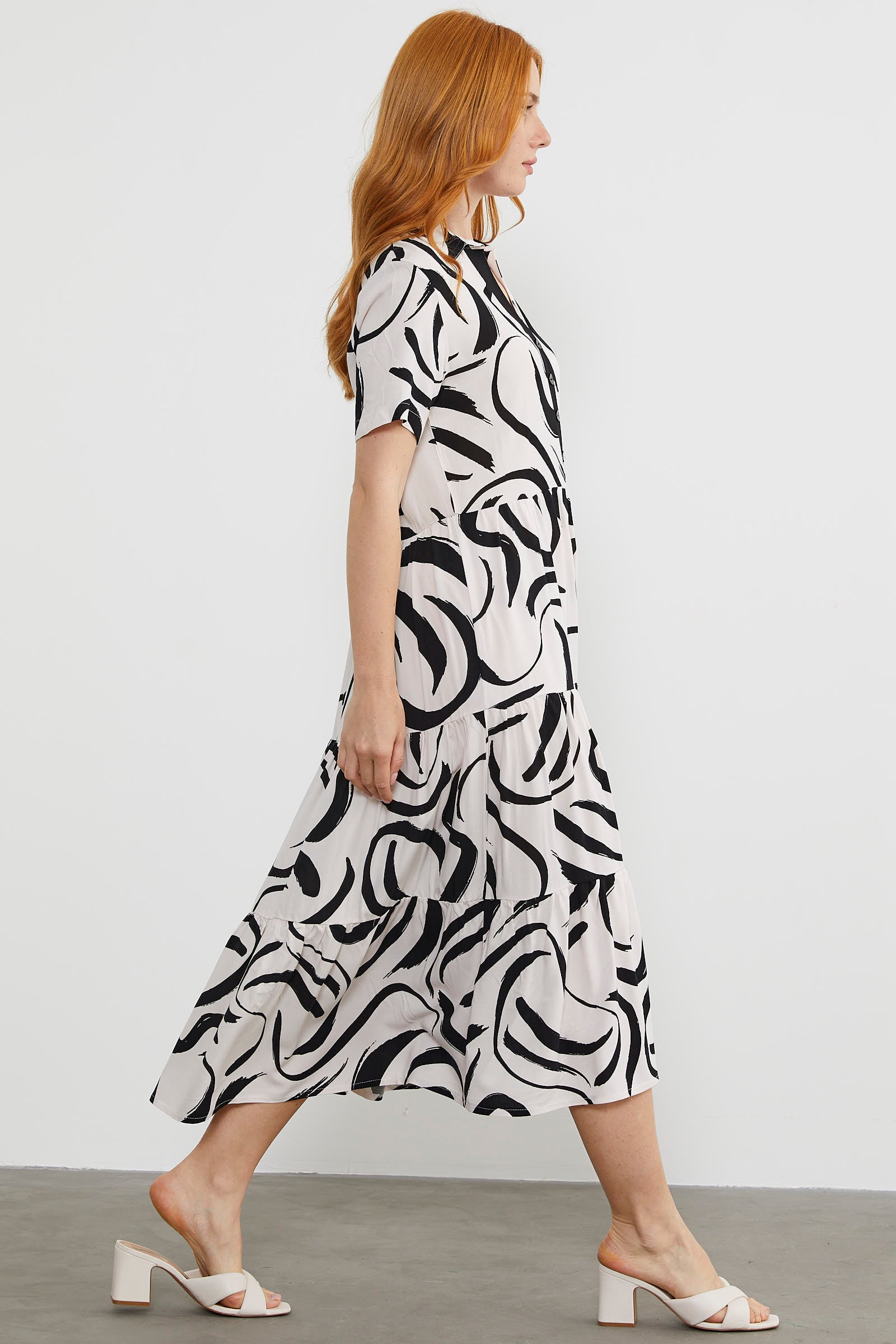 Desenli Kısa Kol Gömlek Elbise - Ekru (5) Sementa