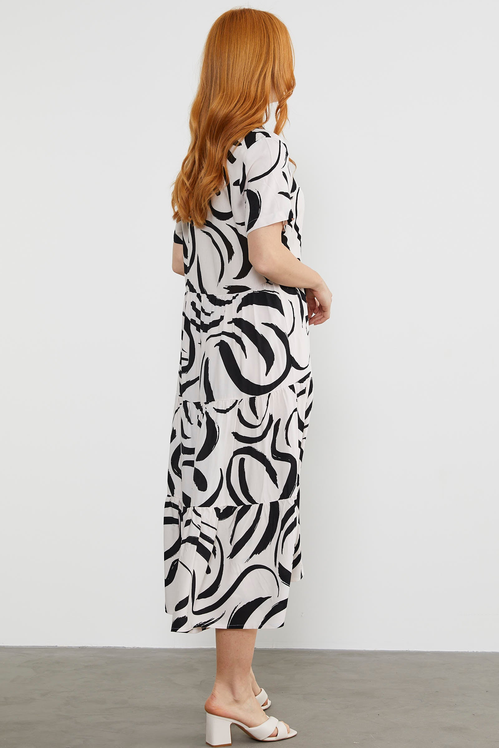 Desenli Kısa Kol Gömlek Elbise - Ekru (6) Sementa