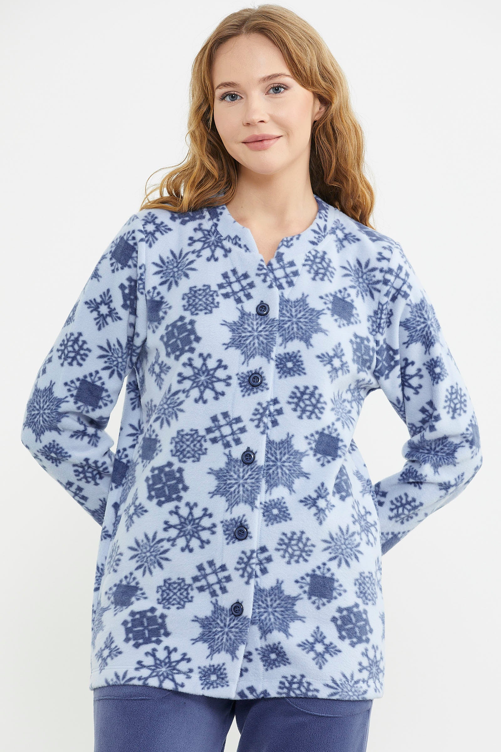 Desenli Önden Düğmeli Polar Pijama Takım - Mavi - Sementa