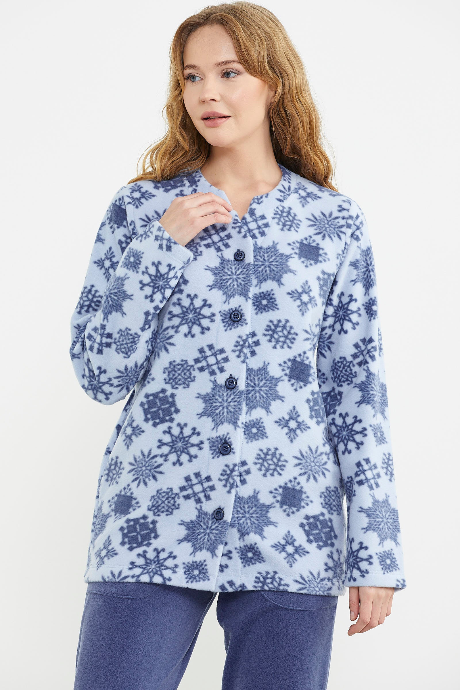 Desenli Önden Düğmeli Polar Pijama Takım - Mavi - Sementa