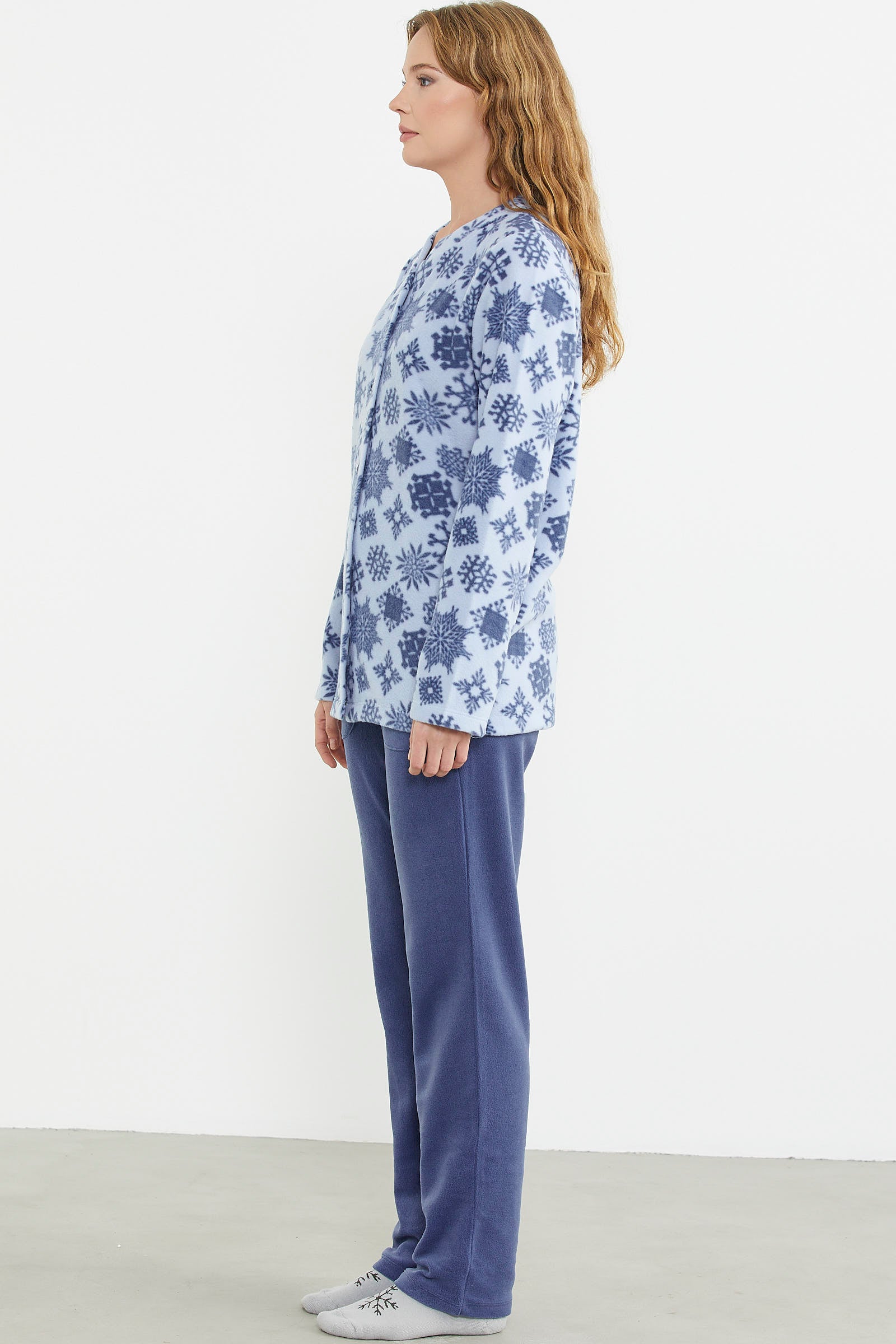 Desenli Önden Düğmeli Polar Pijama Takım - Mavi - Sementa