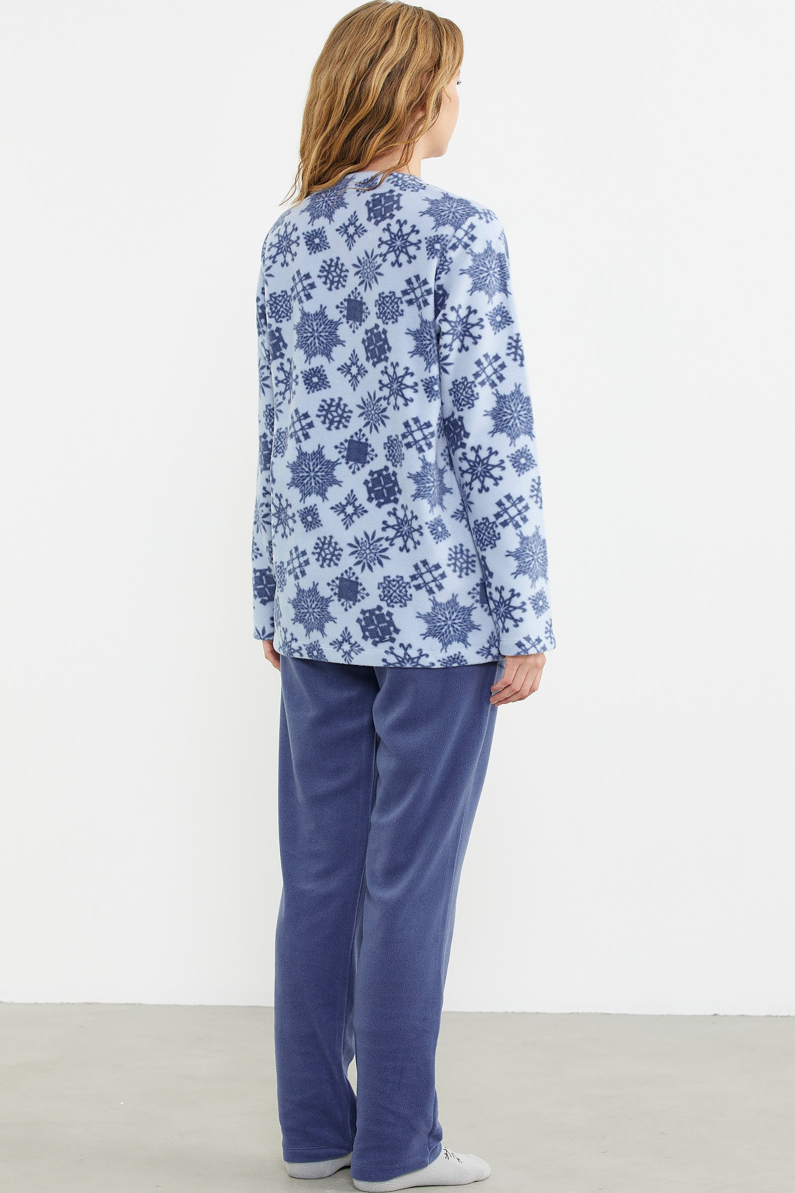Desenli Önden Düğmeli Polar Pijama Takım - Mavi - Sementa