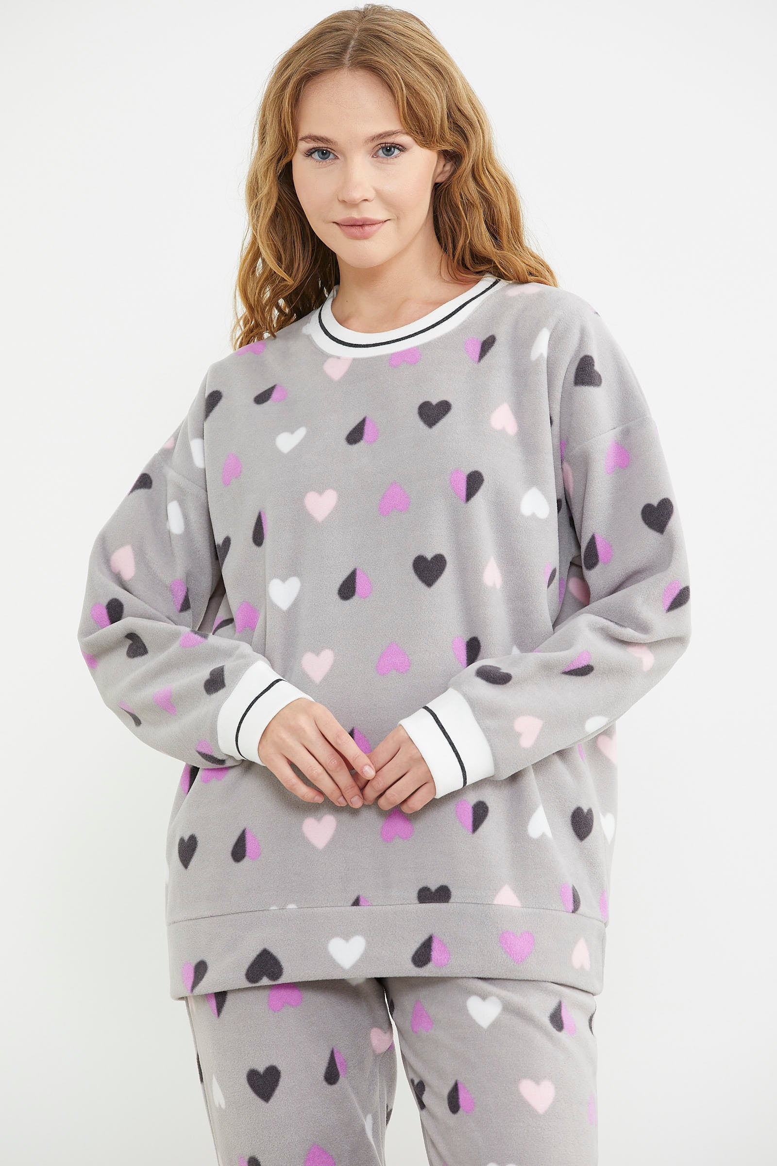 Desenli Oversize Polar Pijama Takım - Gri - Sementa