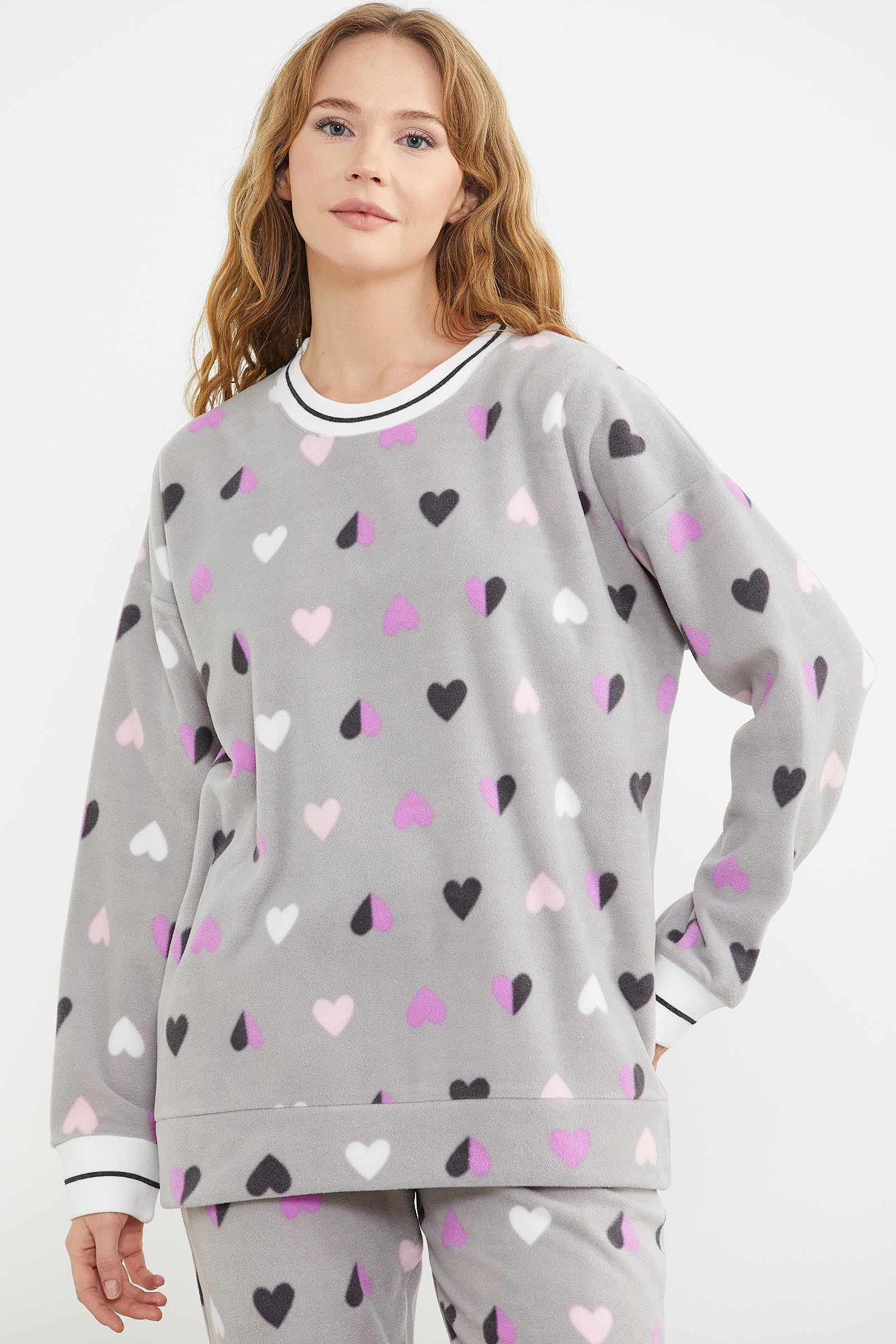 Desenli Oversize Polar Pijama Takım - Gri - Sementa