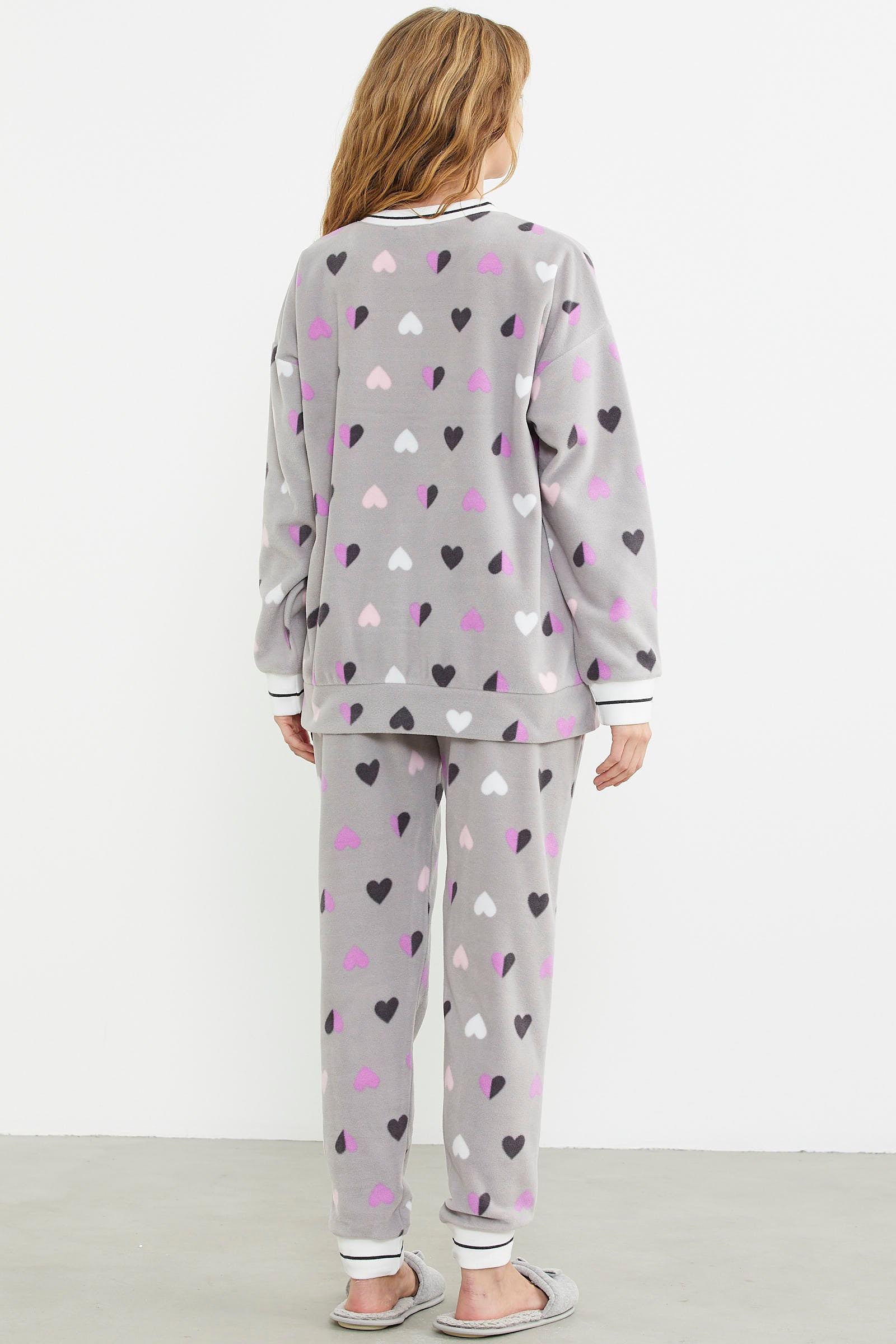 Desenli Oversize Polar Pijama Takım - Gri - Sementa