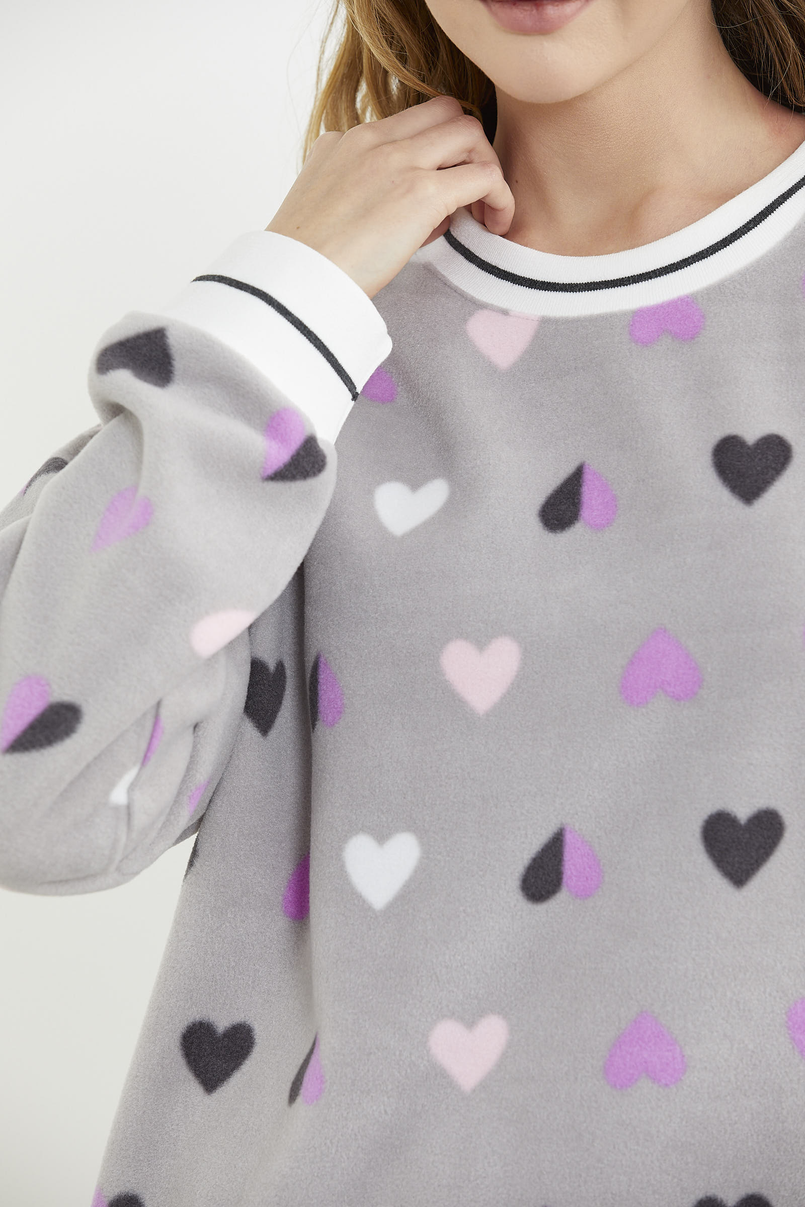 Desenli Oversize Polar Pijama Takım - Gri - Sementa