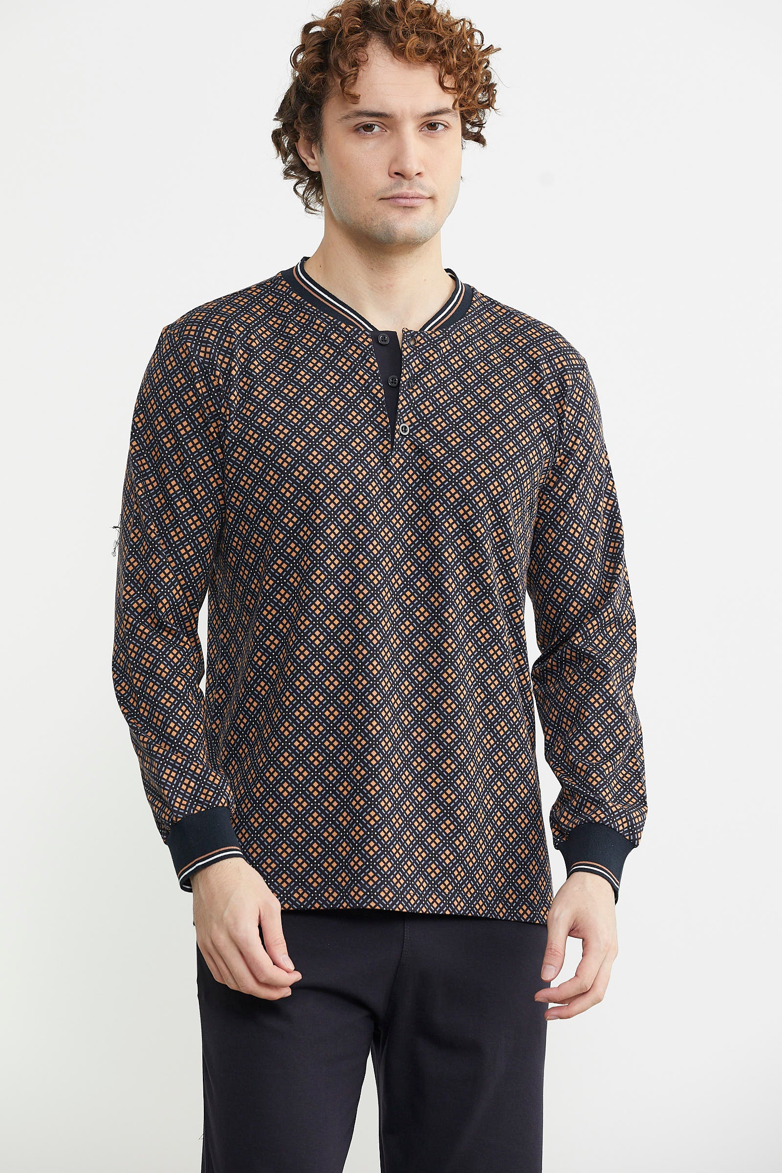 Desenli Pamuk Pijama Takım - Kahve - Sementa