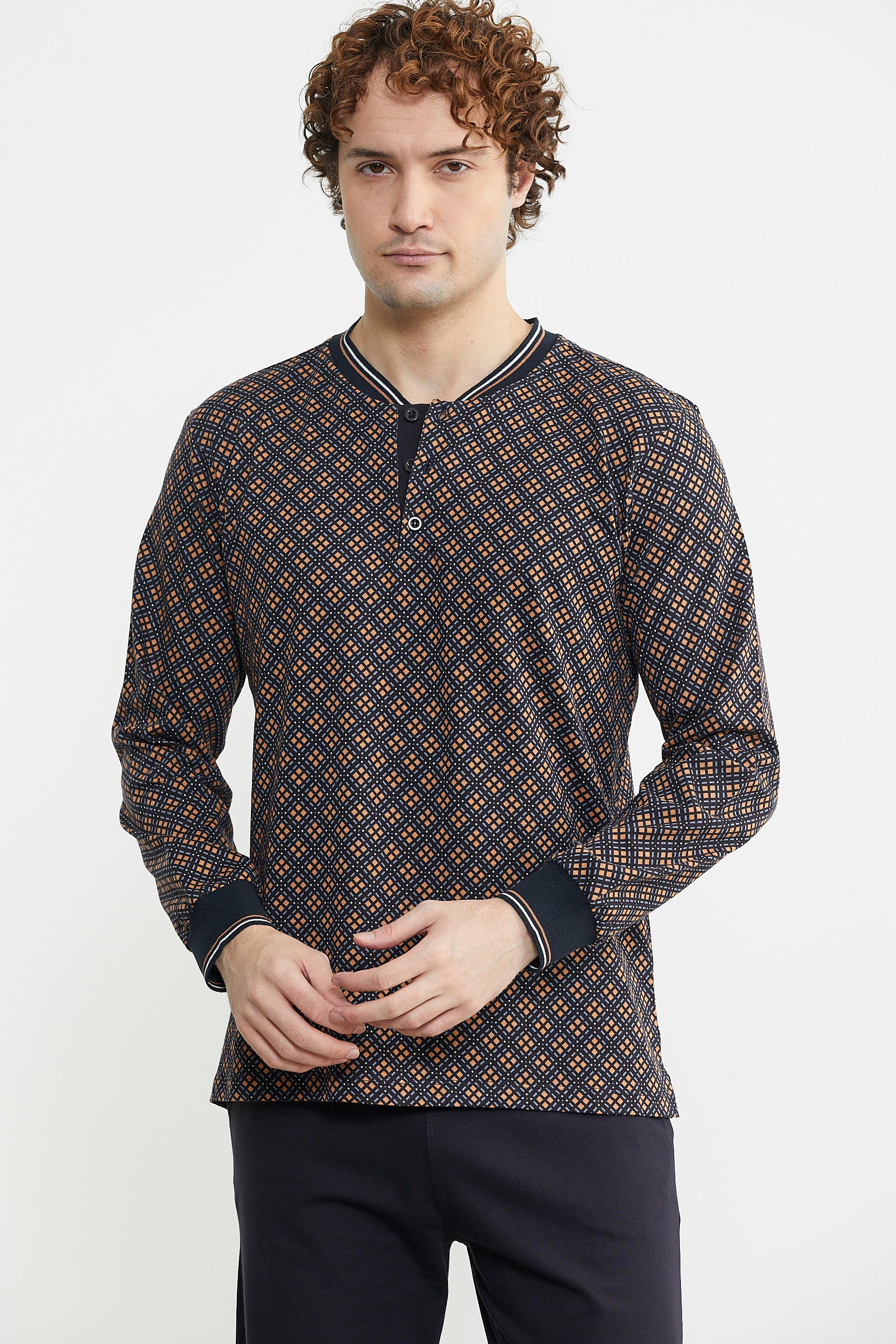 Desenli Pamuk Pijama Takım - Kahve - Sementa