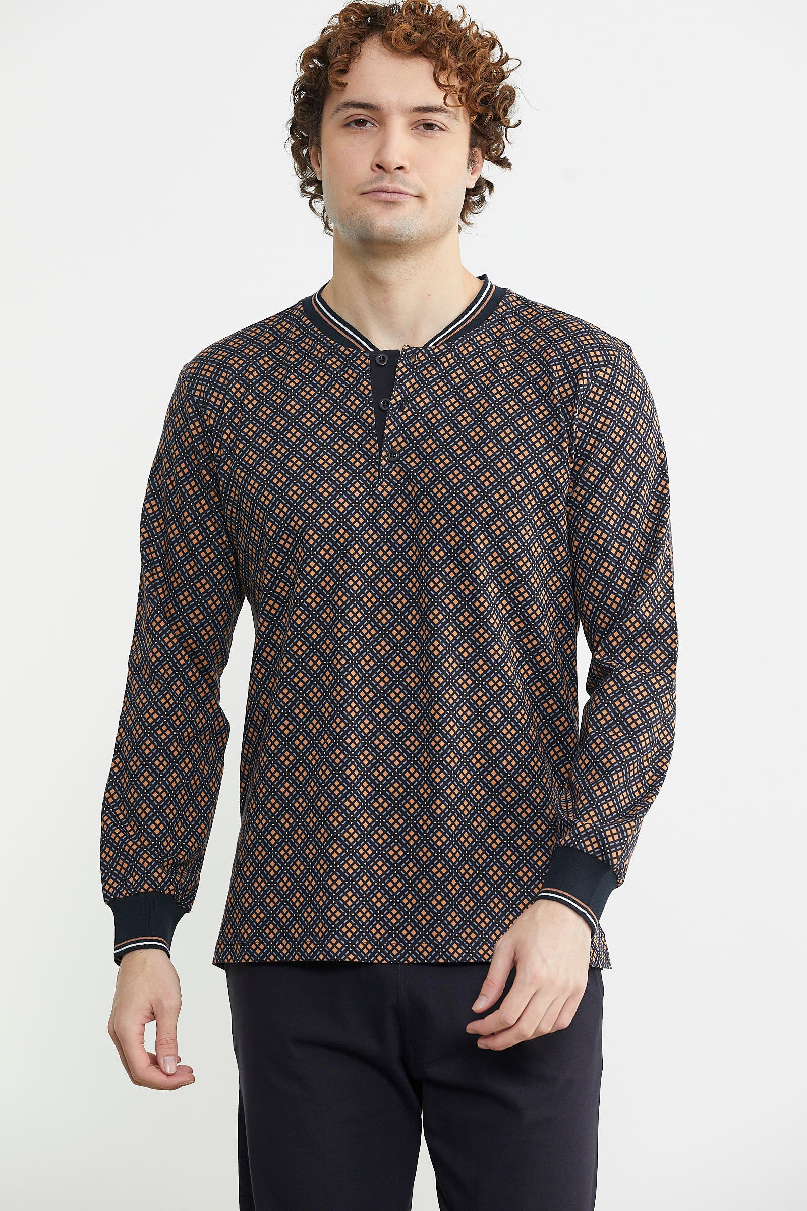 Desenli Pamuk Pijama Takım - Kahve - Sementa