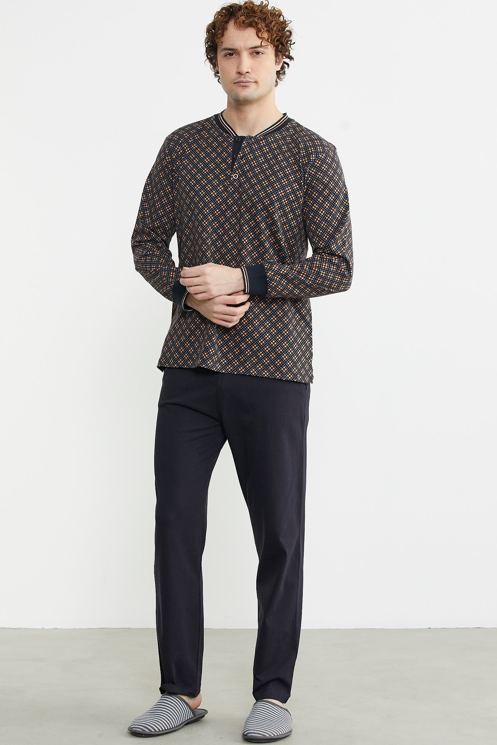 Desenli Pamuk Pijama Takım - Kahve - Sementa