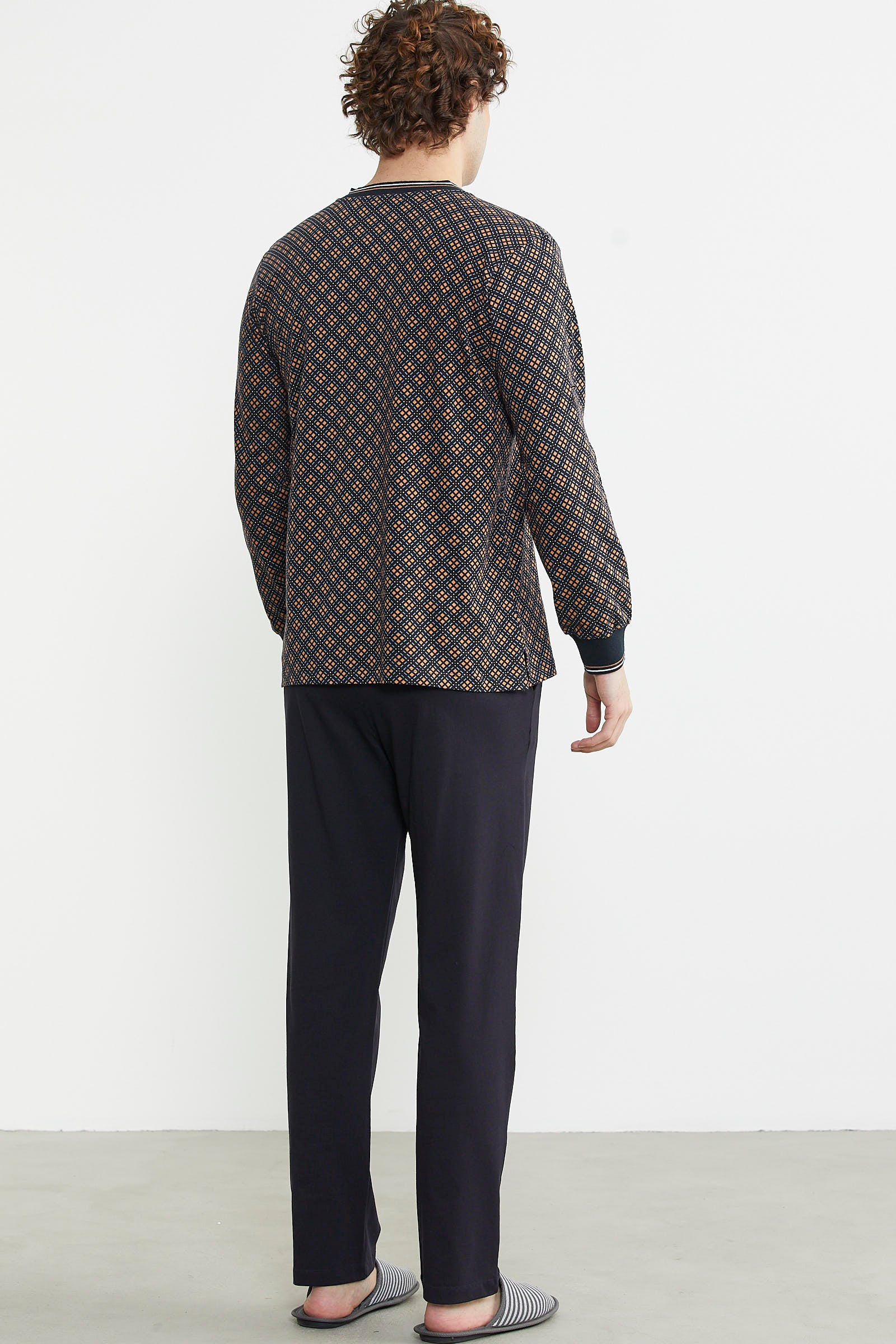 Desenli Pamuk Pijama Takım - Kahve - Sementa