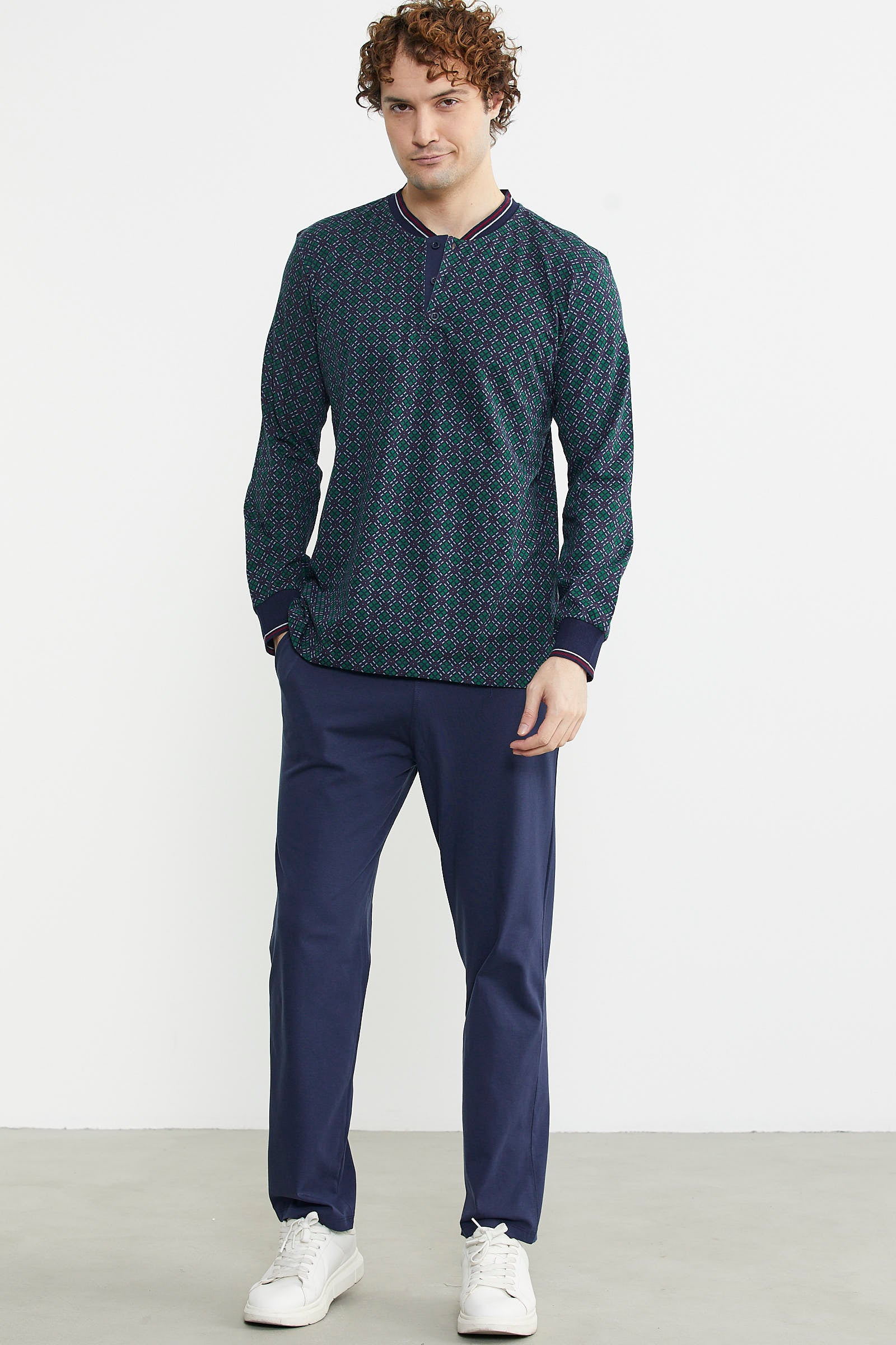 Desenli Pamuk Pijama Takım - Yeşil - Sementa