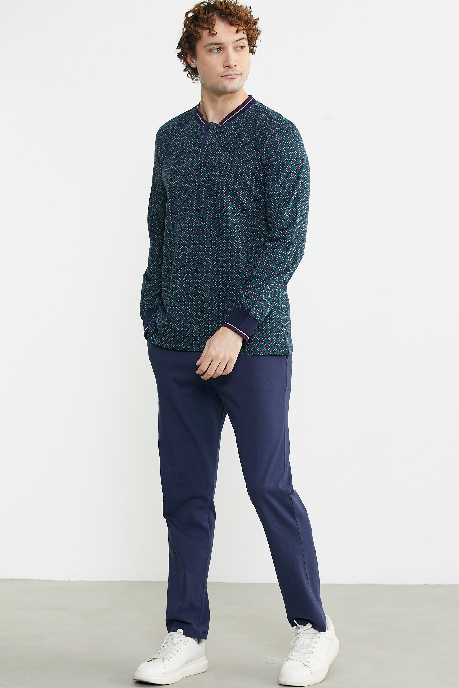 Desenli Pamuk Pijama Takım - Yeşil - Sementa