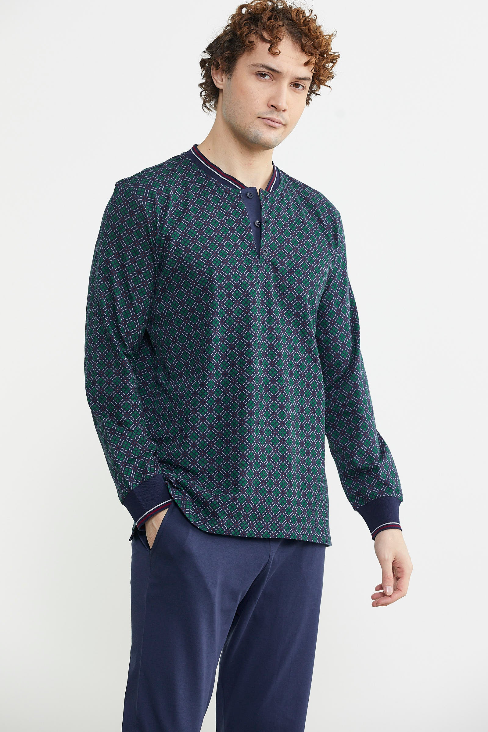 Desenli Pamuk Pijama Takım - Yeşil - Sementa