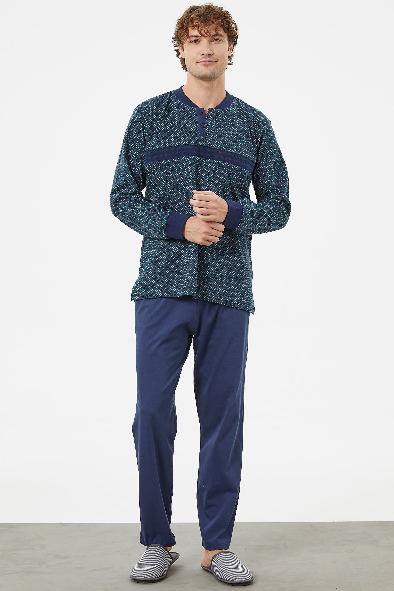 Desenli Rahat Kalıp Pamuk Pijama Takım - Lacivert (1) Sementa