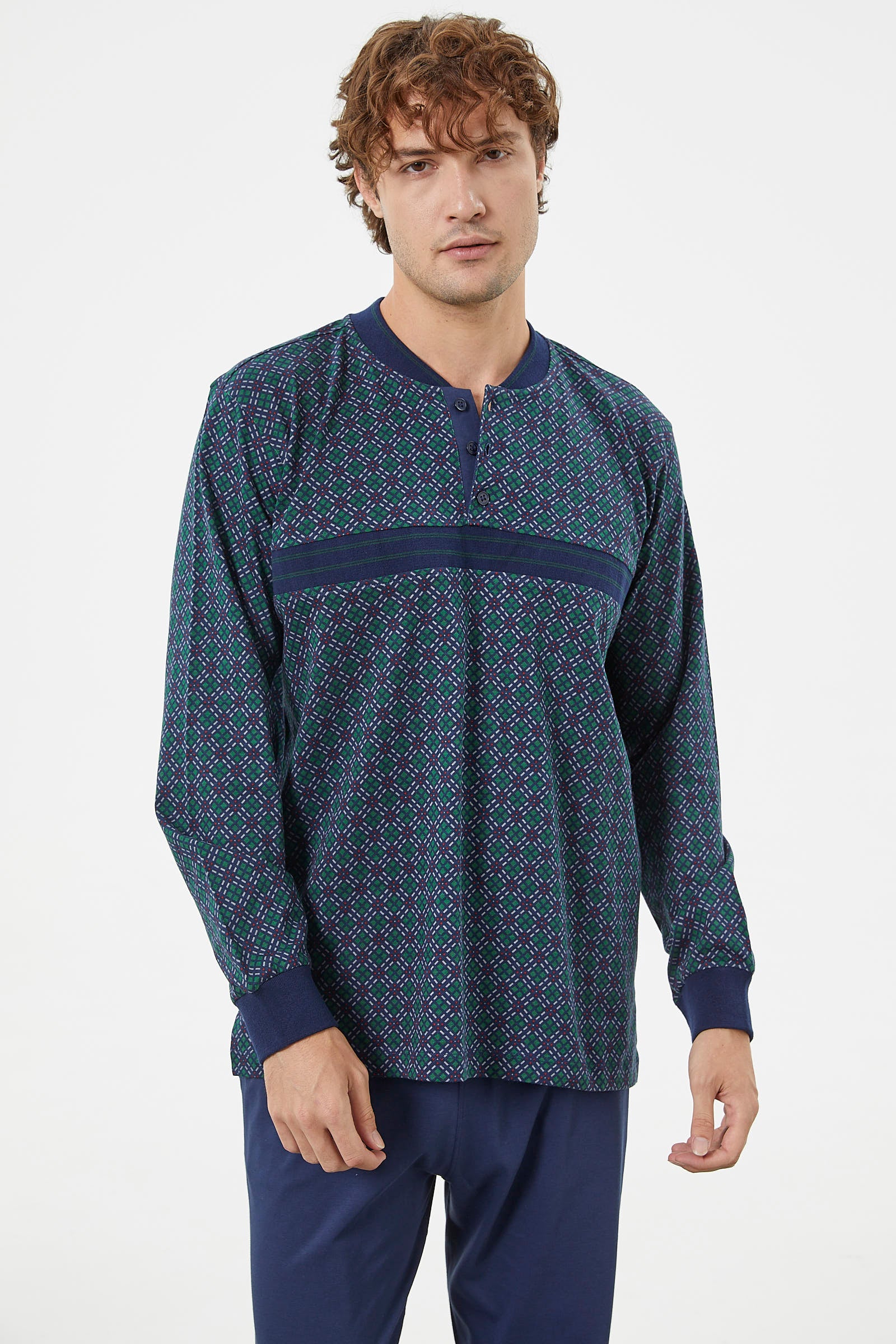 Desenli Rahat Kalıp Pamuk Pijama Takım - Lacivert (3) Sementa