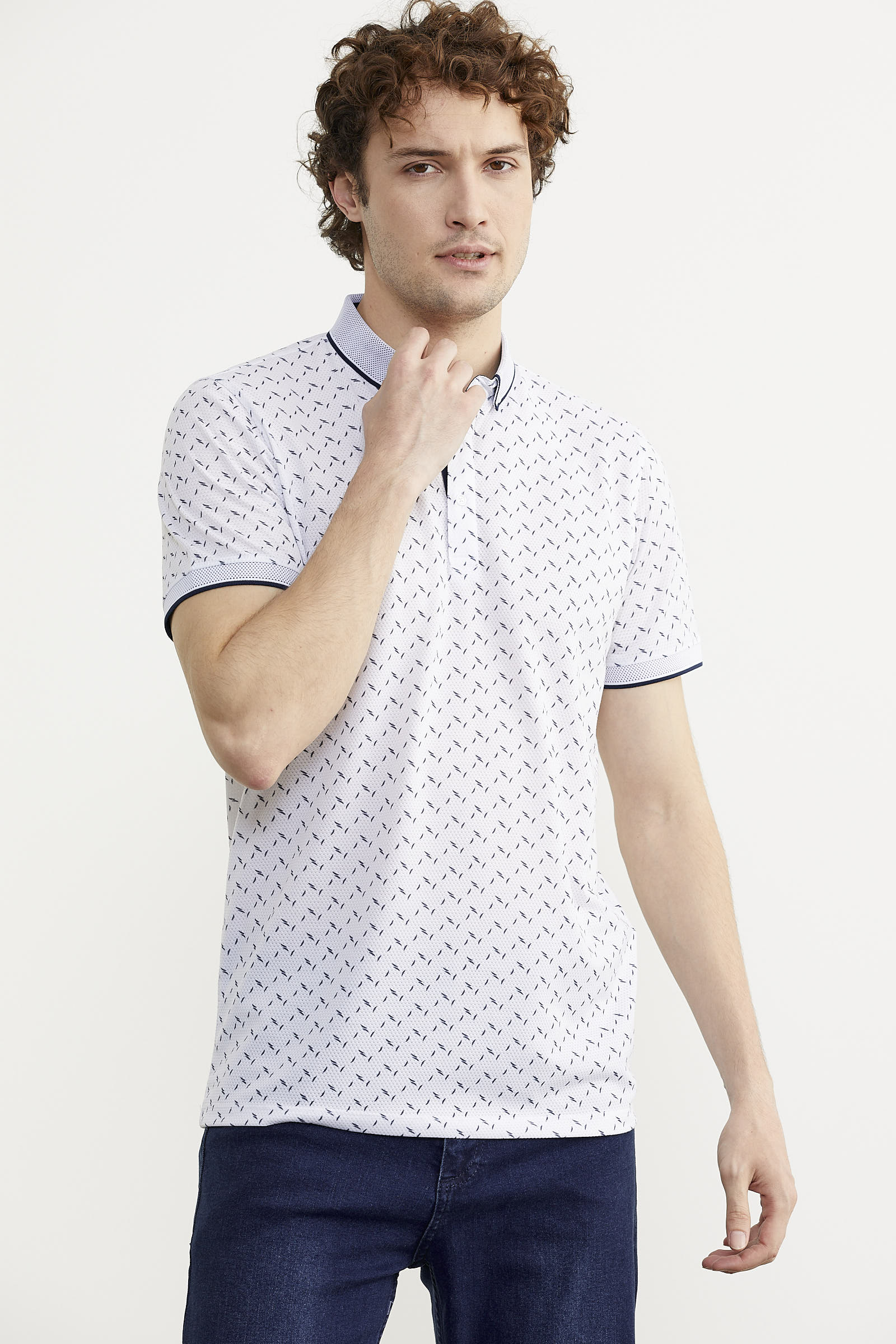 Desenli Slim Fit Triko Polo Yaka Tişört - Beyaz (2) Sementa