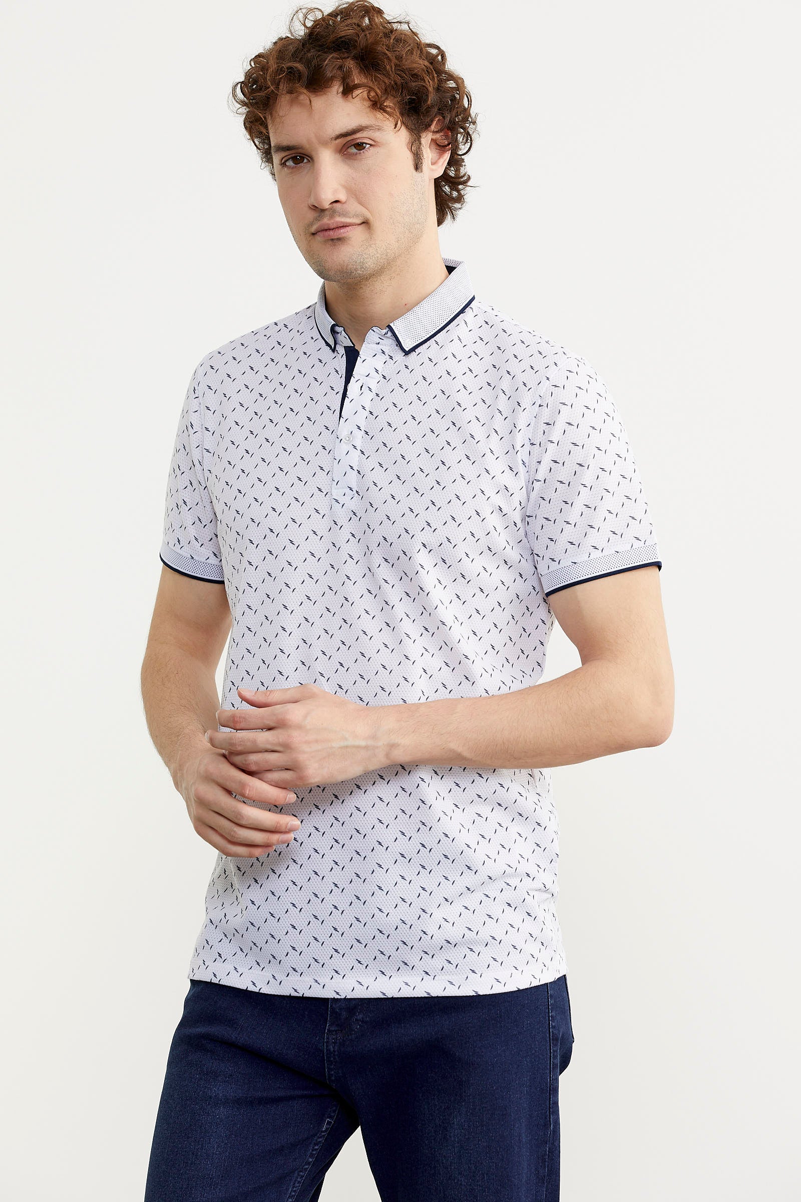 Desenli Slim Fit Triko Polo Yaka Tişört - Beyaz (4) Sementa