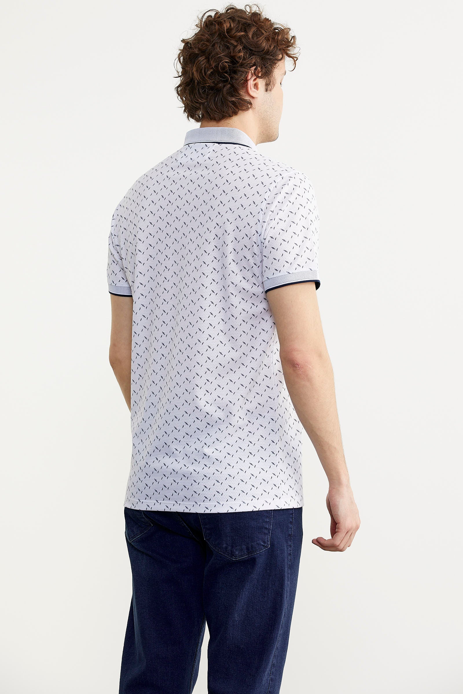 Desenli Slim Fit Triko Polo Yaka Tişört - Beyaz (5) Sementa