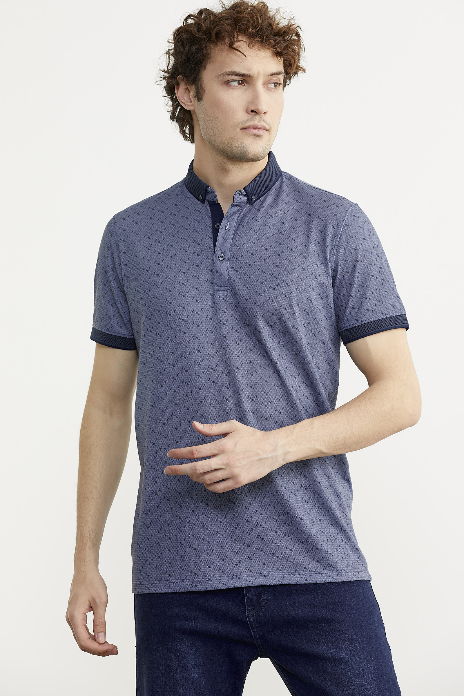 Desenli Slim Fit Triko Polo Yaka Tişört - Lacivert (2) Sementa