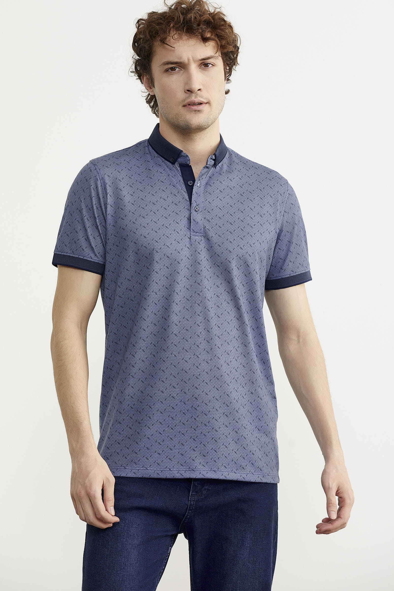 Desenli Slim Fit Triko Polo Yaka Tişört - Lacivert (3) Sementa
