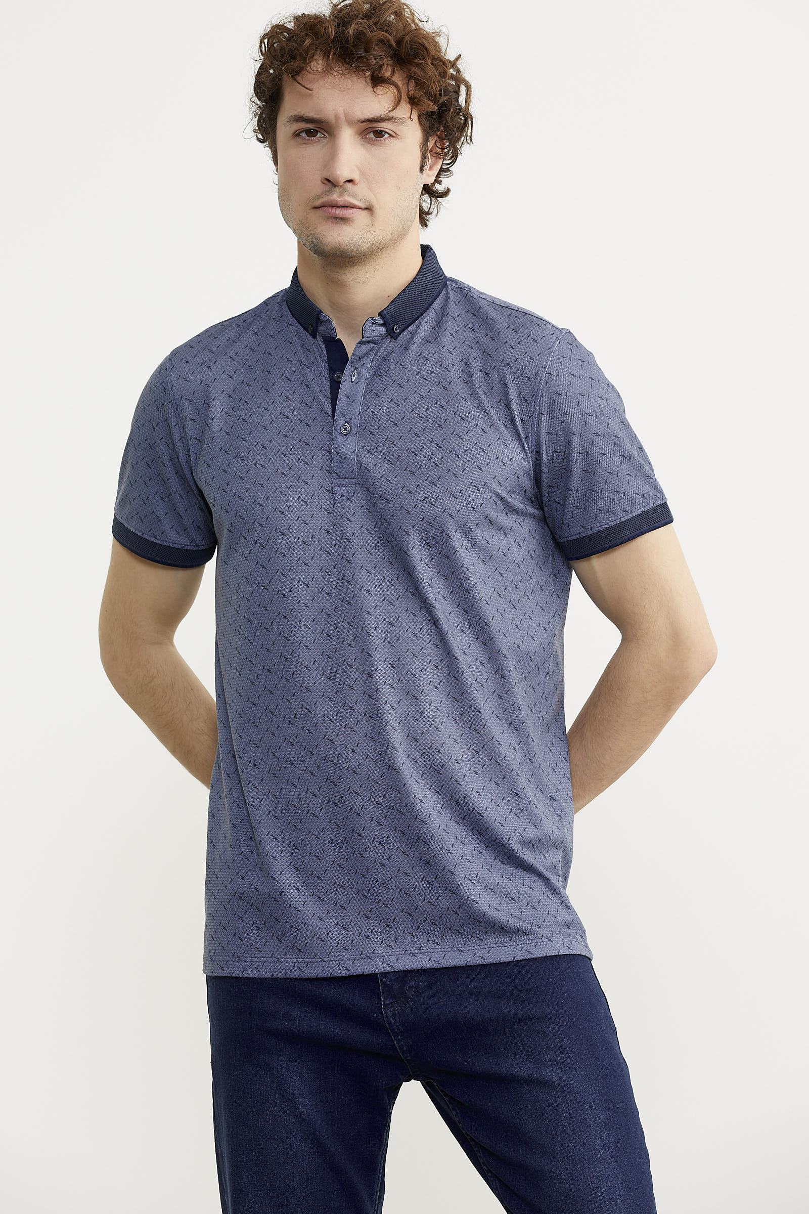 Desenli Slim Fit Triko Polo Yaka Tişört - Lacivert (4) Sementa