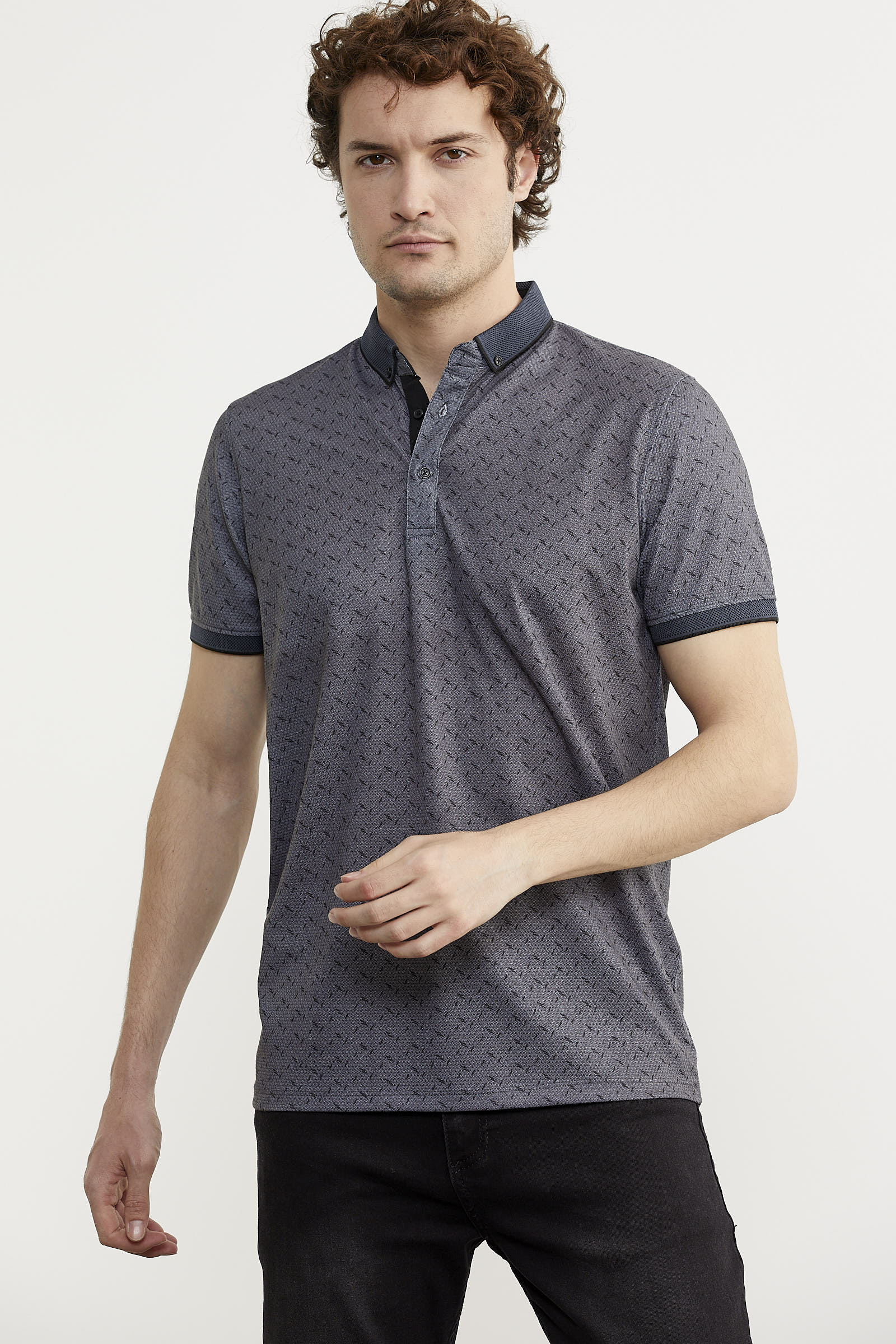 Desenli Slim Fit Triko Polo Yaka Tişört - Petrol (2) Sementa