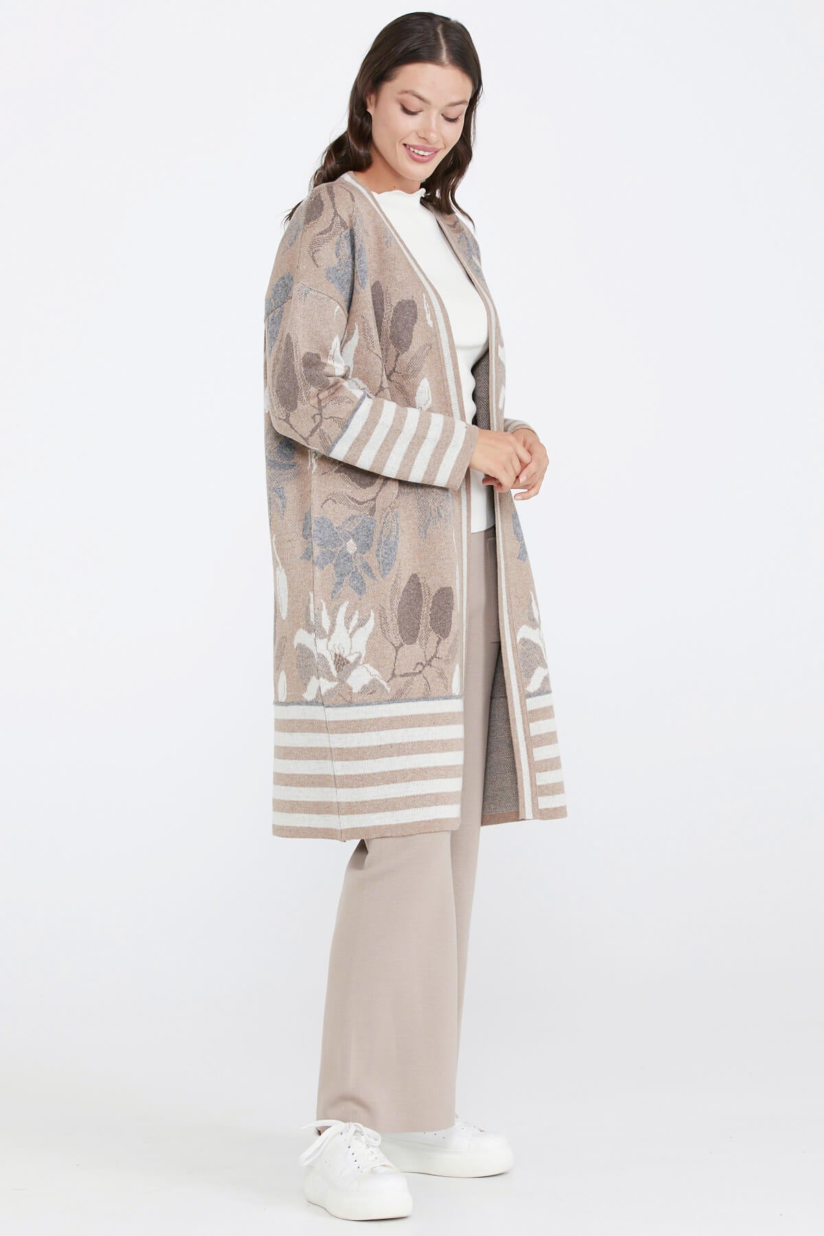 Desenli Triko Kadın Ceket - Bej (3) Sementa