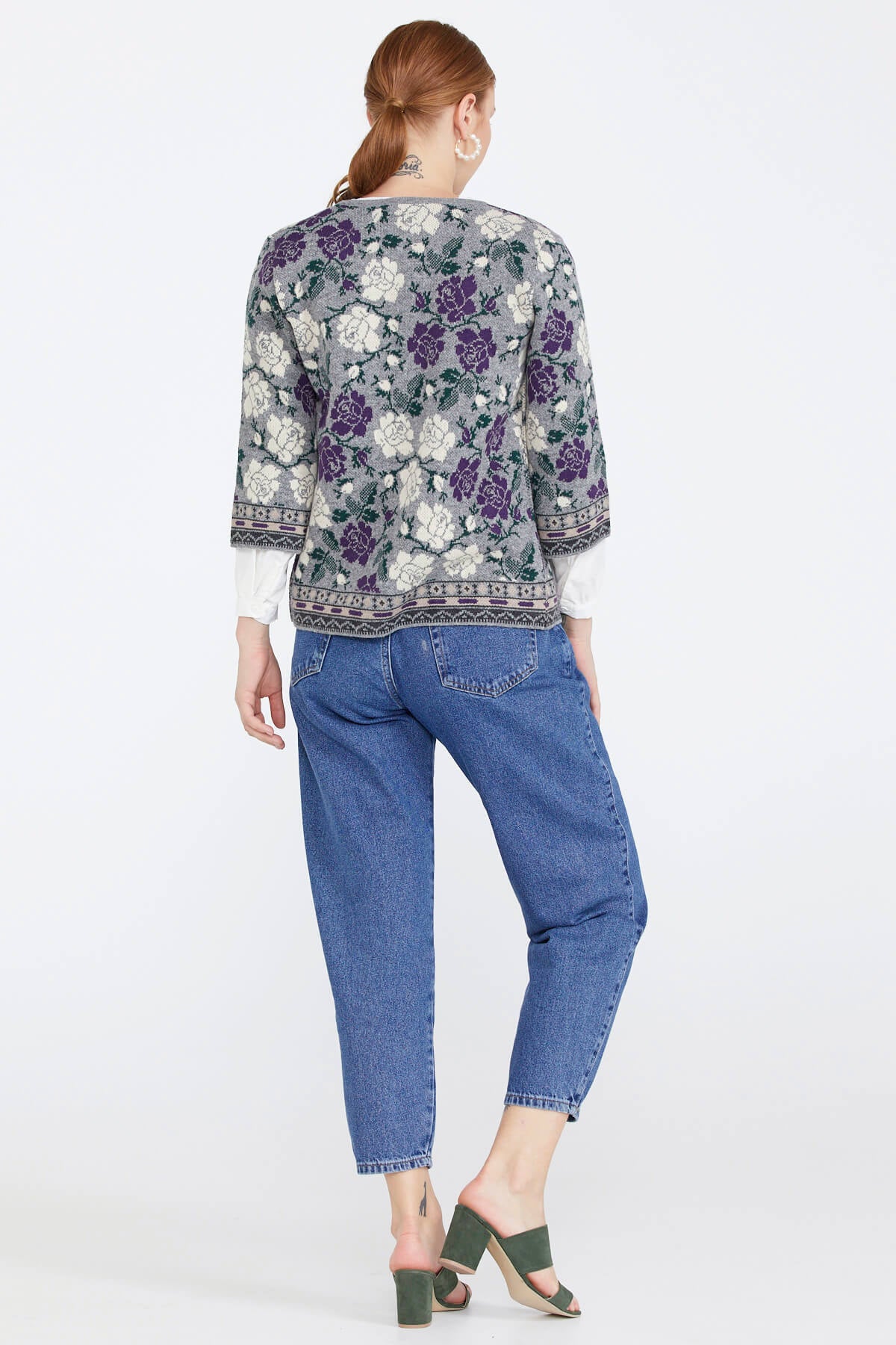 Desenli Triko Kadın Ceket - Gri - Krem (4) Sementa