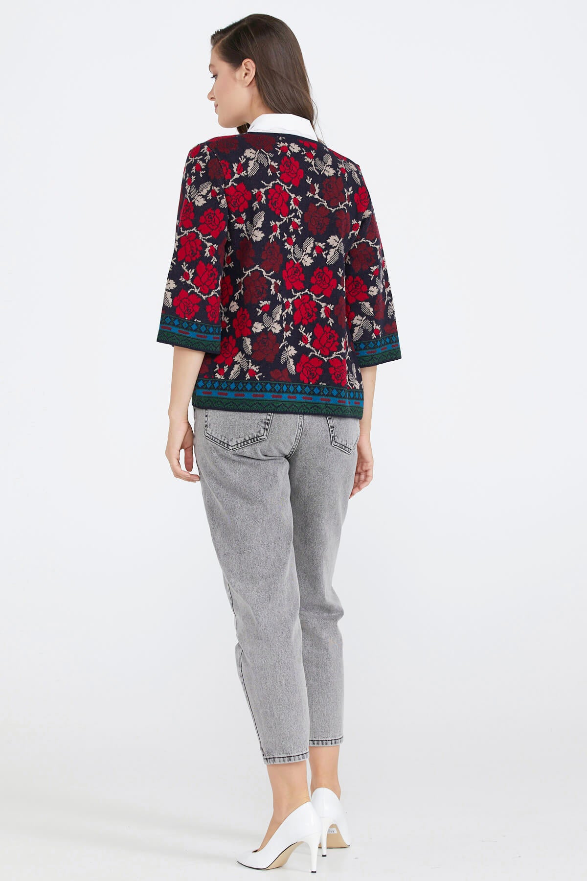 Desenli Triko Kadın Ceket - Lacivert - Bordo (4) Sementa