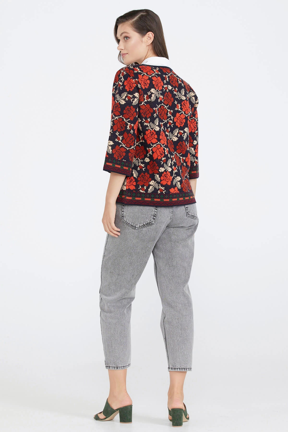 Desenli Triko Kadın Ceket - Lacivert - Taba (3) Sementa