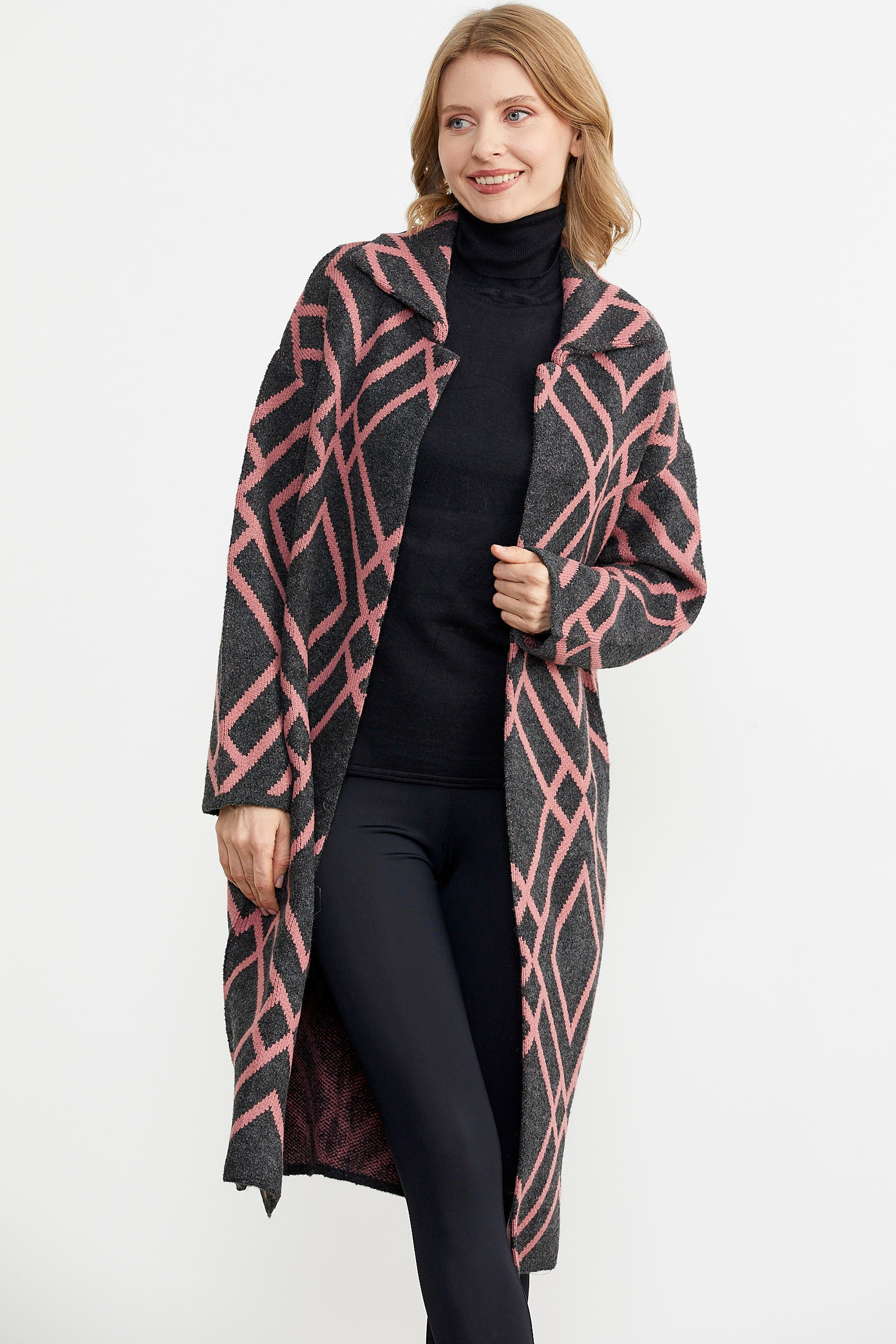 Desenli Uzun Triko Ceket - Antrasit (2) Sementa