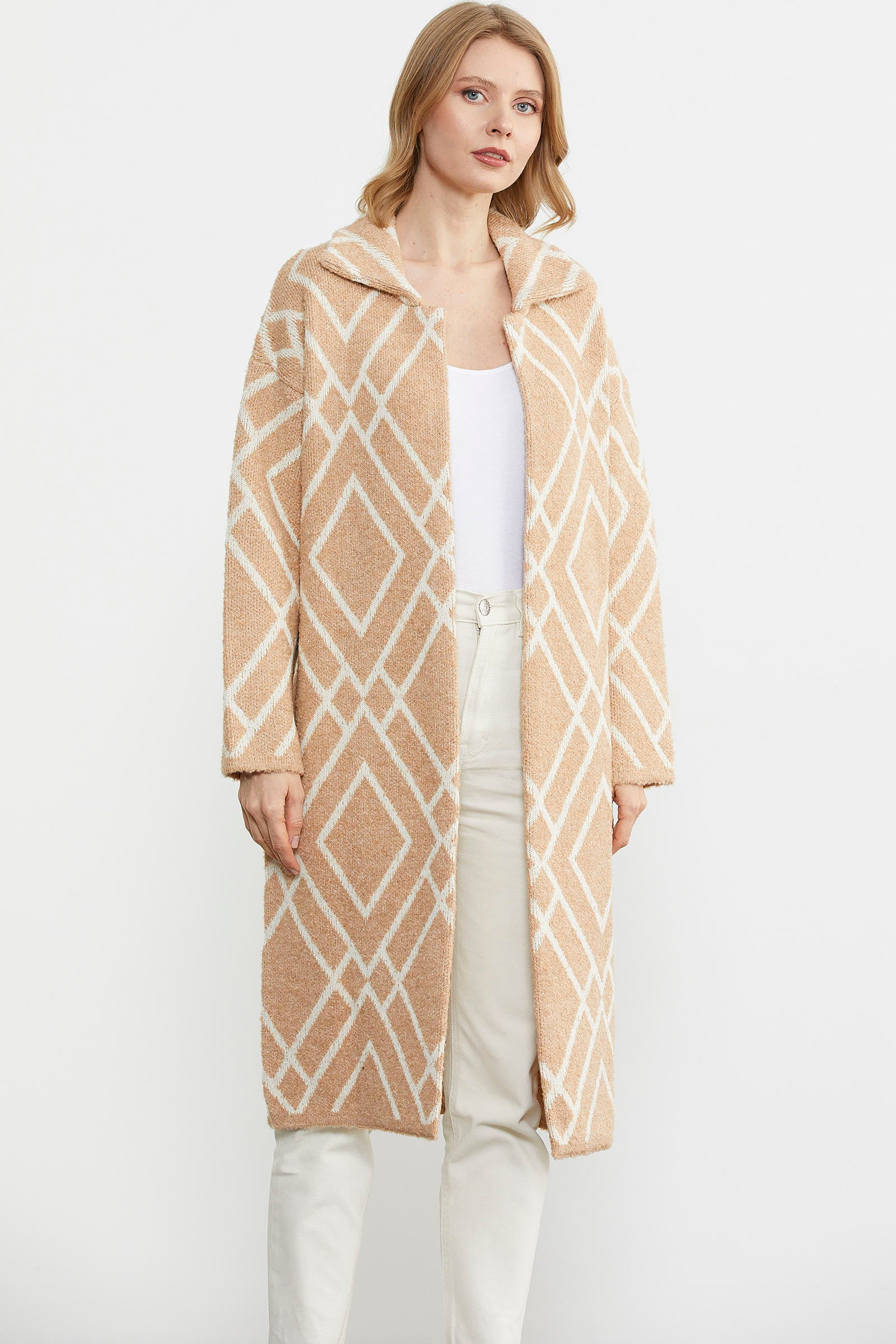 Desenli Uzun Triko Ceket - Bej (4) Sementa