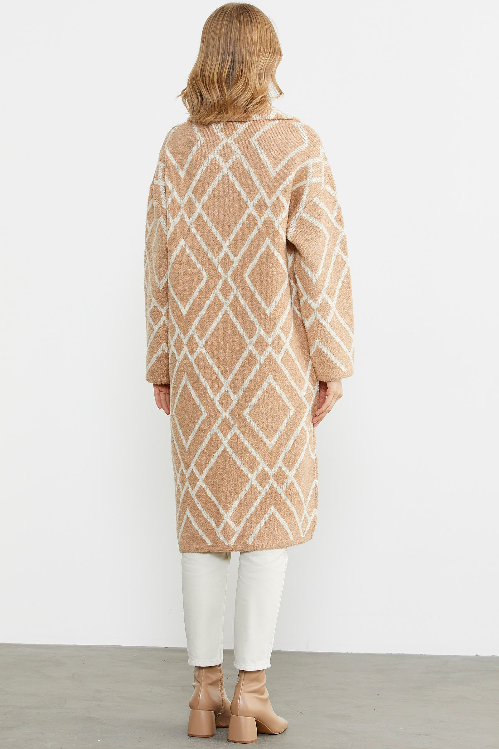 Desenli Uzun Triko Ceket - Bej (6) Sementa